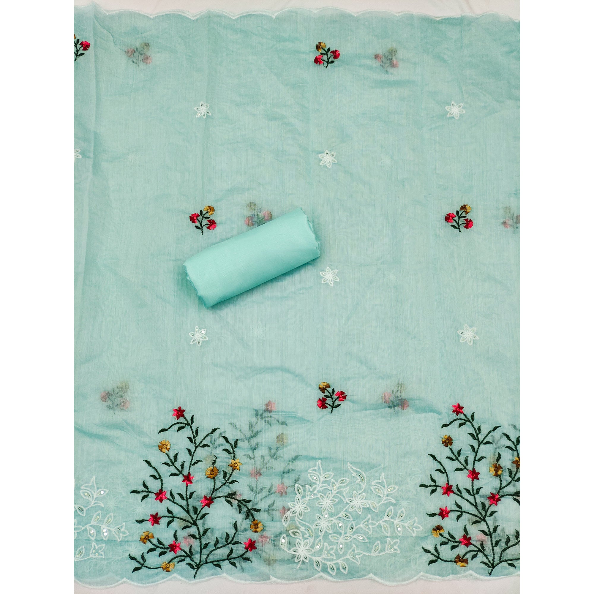 Blue Floral Sequins Embroidered Chanderi Dress Material