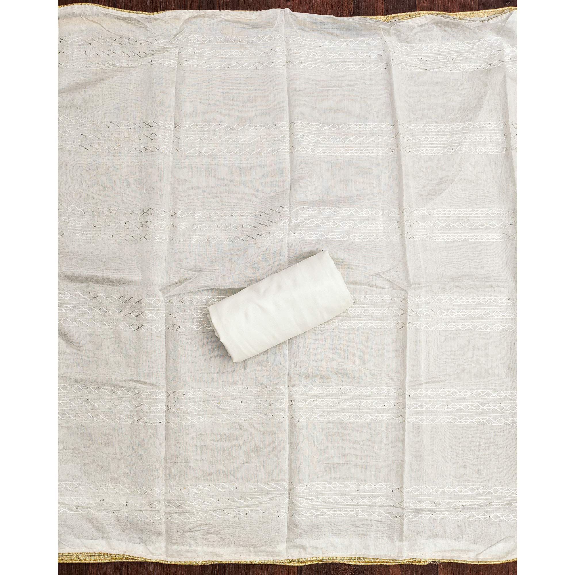 White Banarasi Silk Dress Material With Classic Zari Design