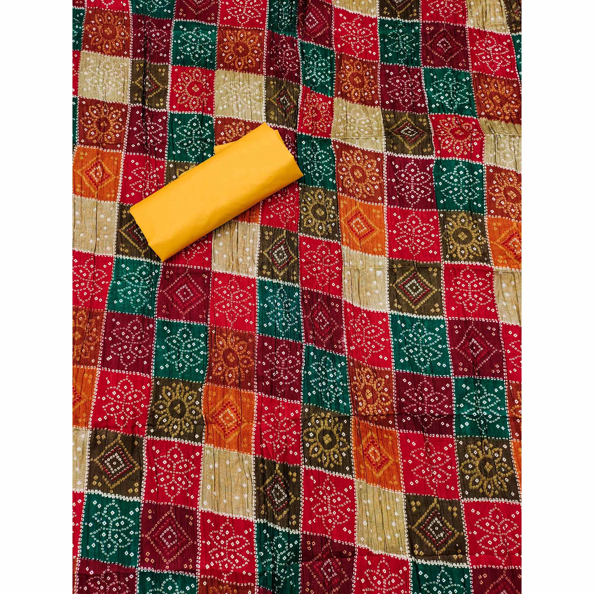 Yellow Cotton Blend Dress Material With Intricate Thread Embroidery & Paper Mirror Work