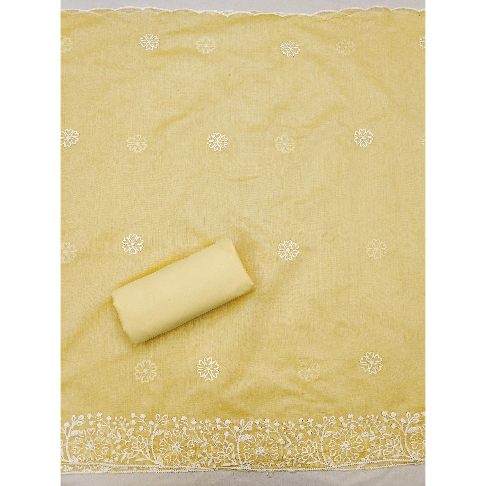 Light Yellow Floral Embroidered Chanderi Silk Dress Material For Graceful Styling