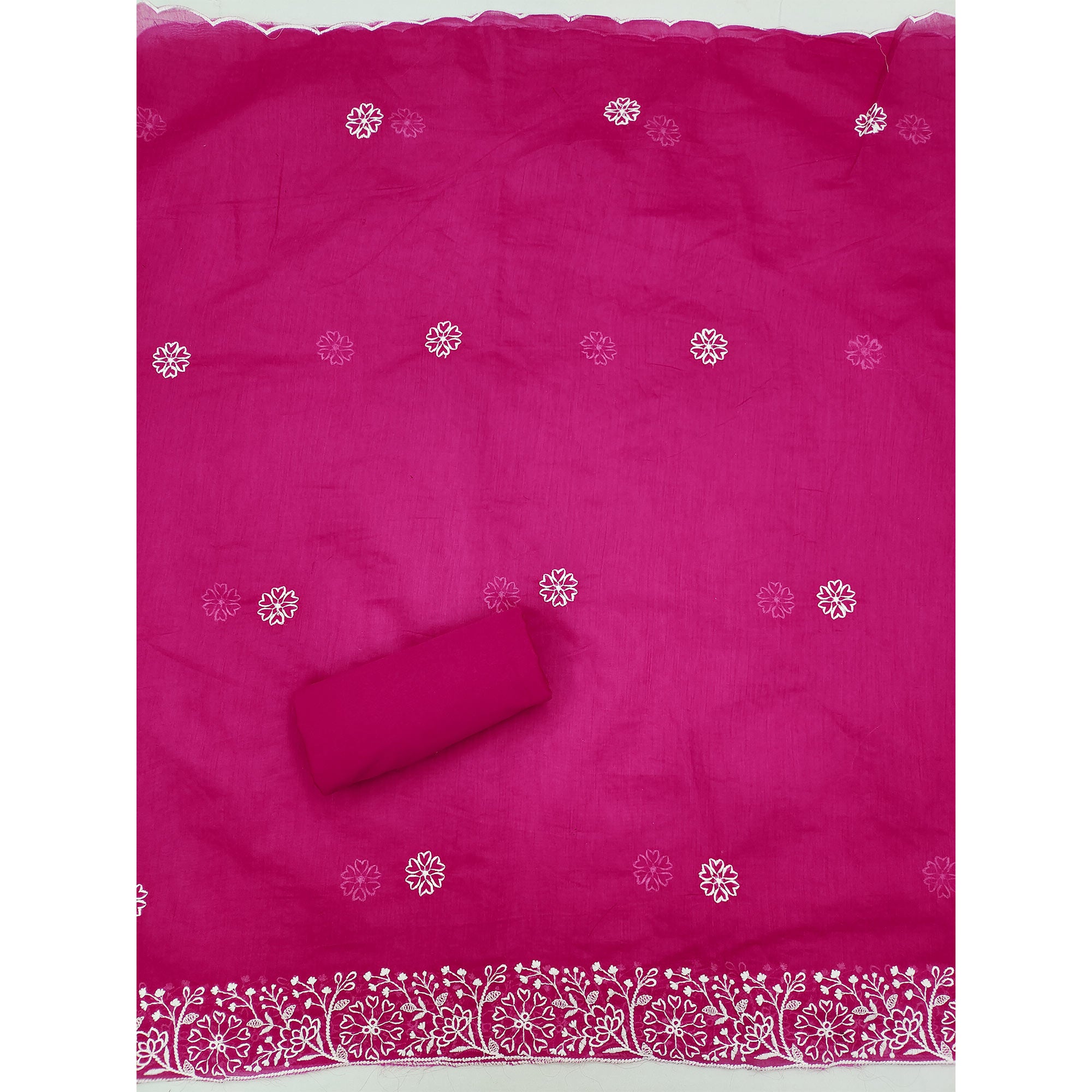 Rani Pink Floral Embroidered Chanderi Silk Dress Material For Graceful Styling