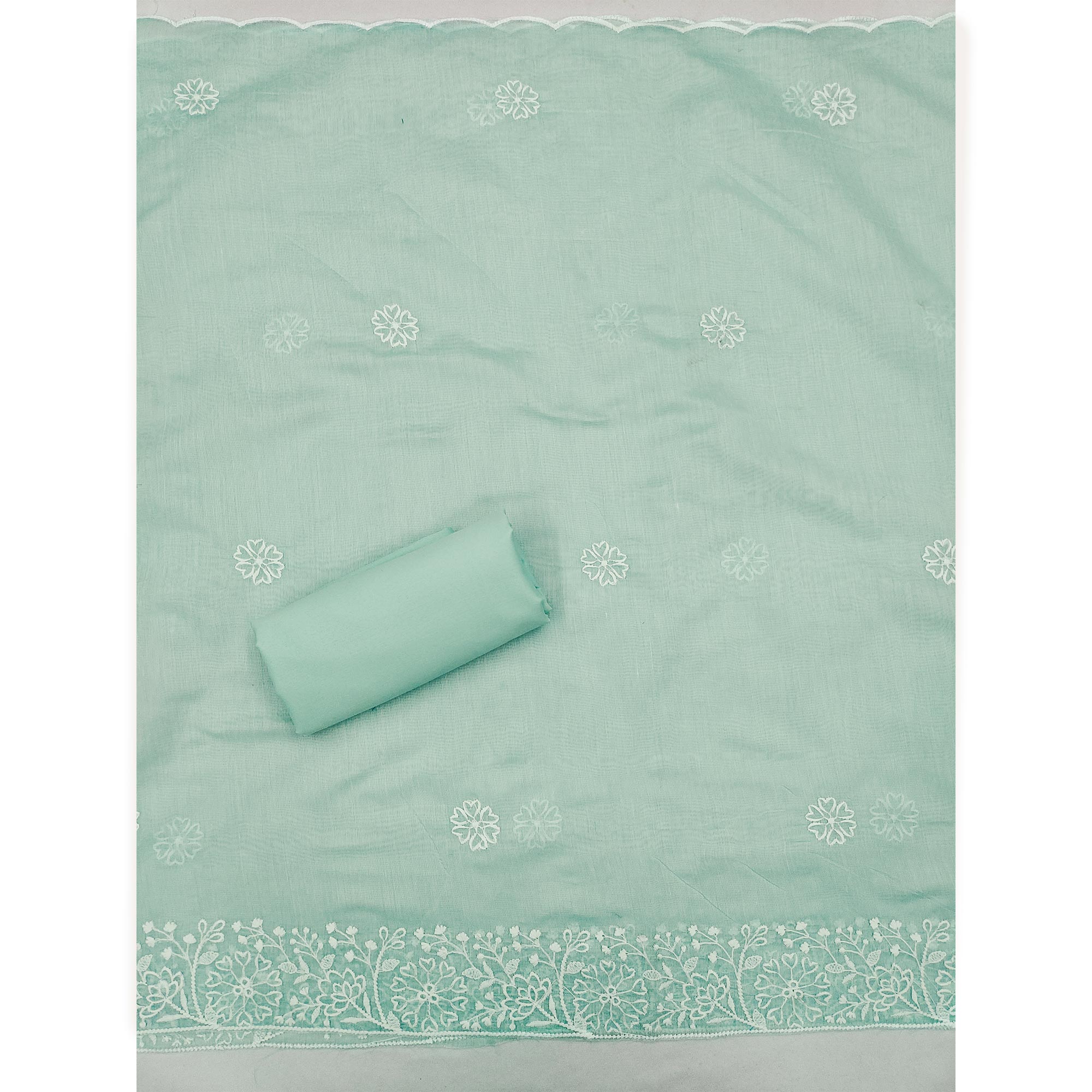Turquoise Floral Embroidered Chanderi Silk Dress Material For Graceful Styling