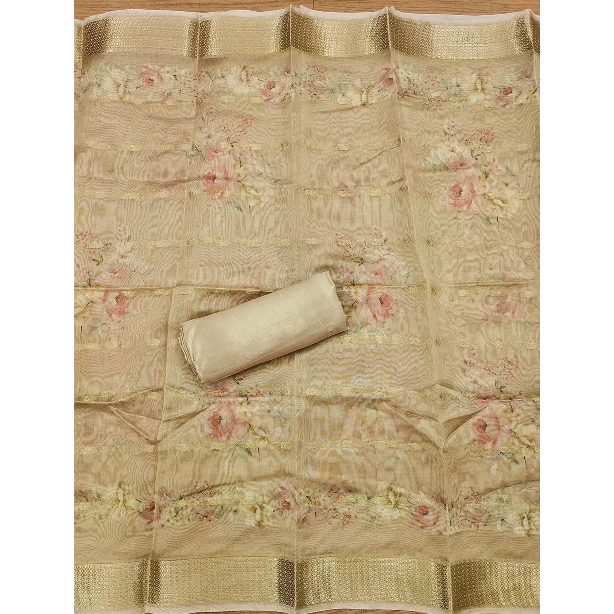 Beige Chanderi Silk Dress Material Showcasing Floral Prints with Subtle Beads Detailing