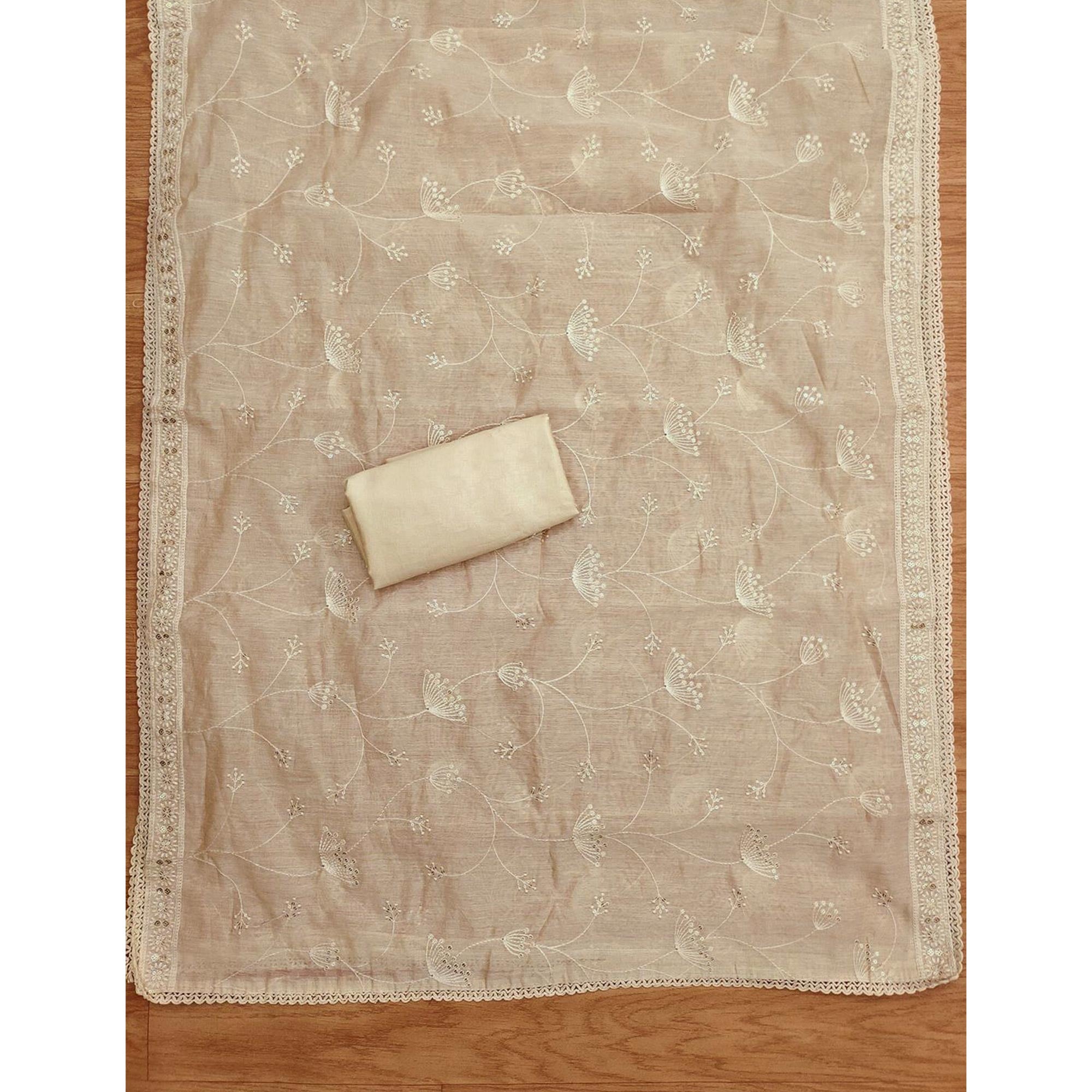 Designer Cream Chanderi Silk Fabric Set with Traditional Lucknowi Embroidered Detailing