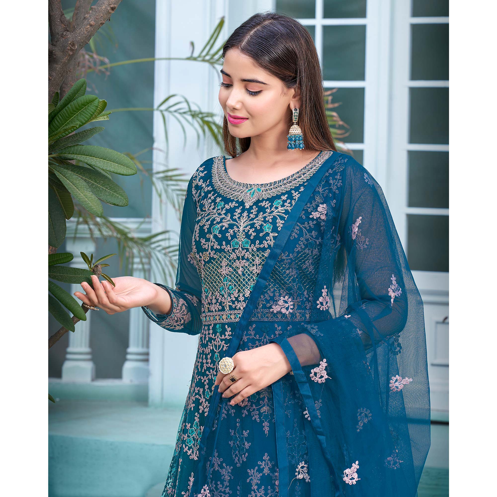 Blue Floral Embroidered Net Semi Stitched Anarkali Suit