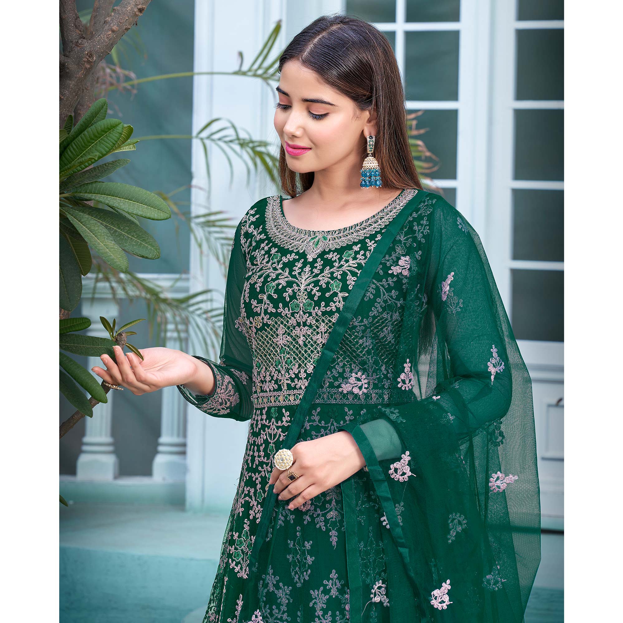 Green Floral Embroidered Net Semi Stitched Anarkali Suit