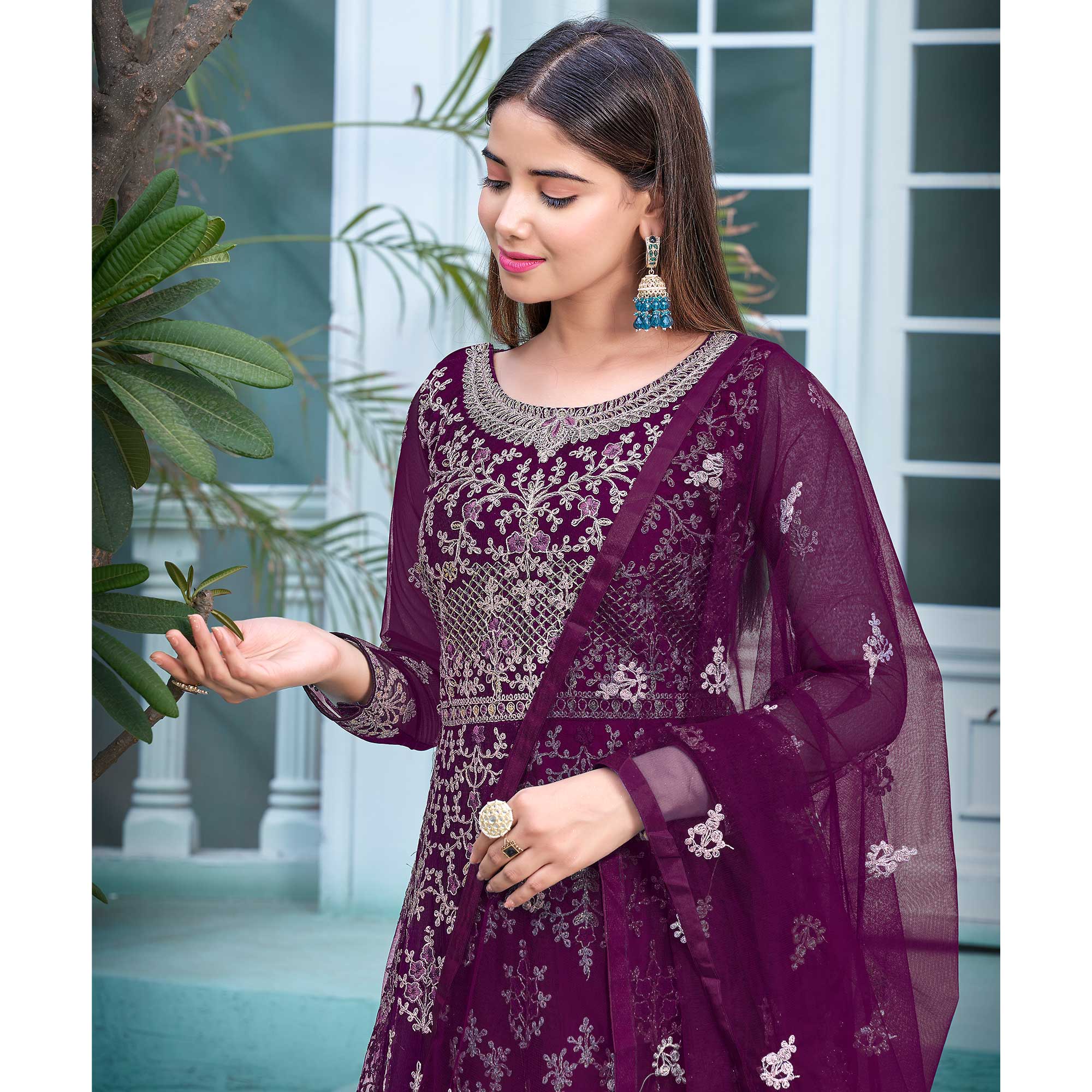 Purple Floral Embroidered Net Semi Stitched Anarkali Suit