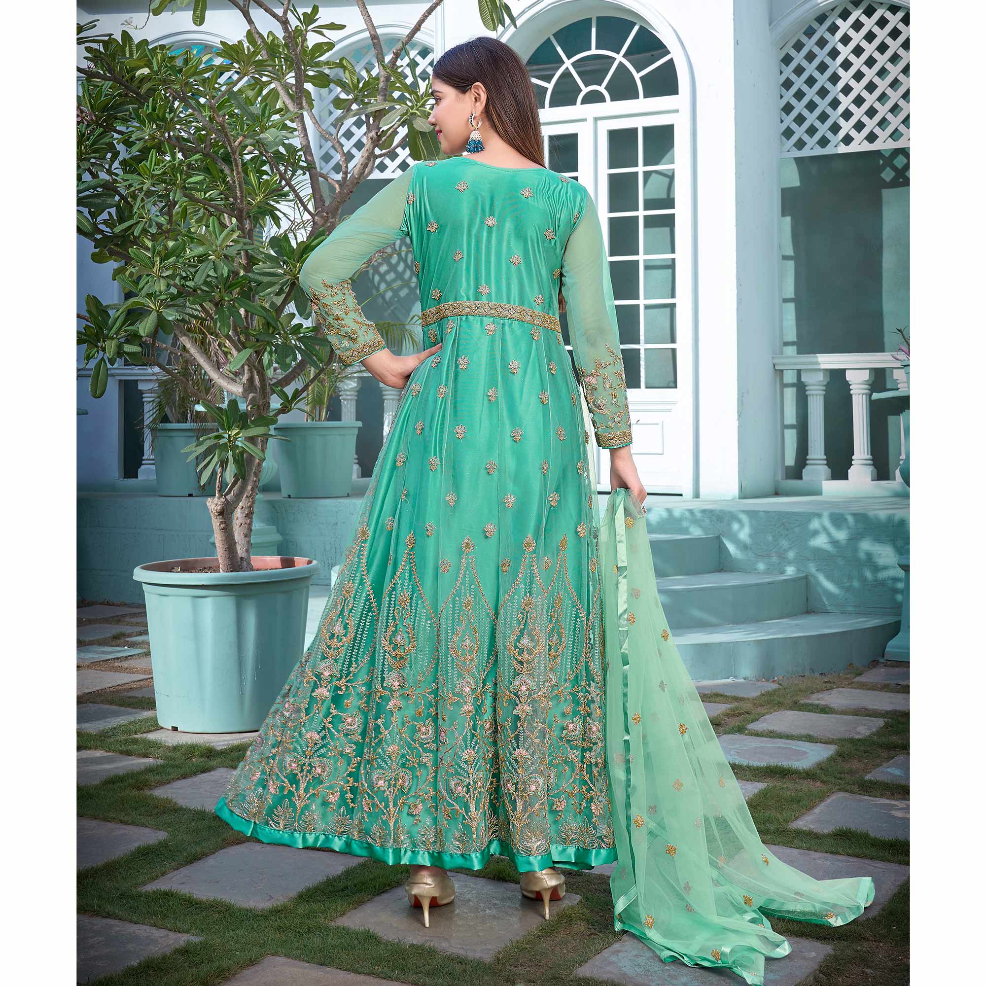 Turquoise Floral Sequins Embroidered Net Semi Stitched Anarkali Suit