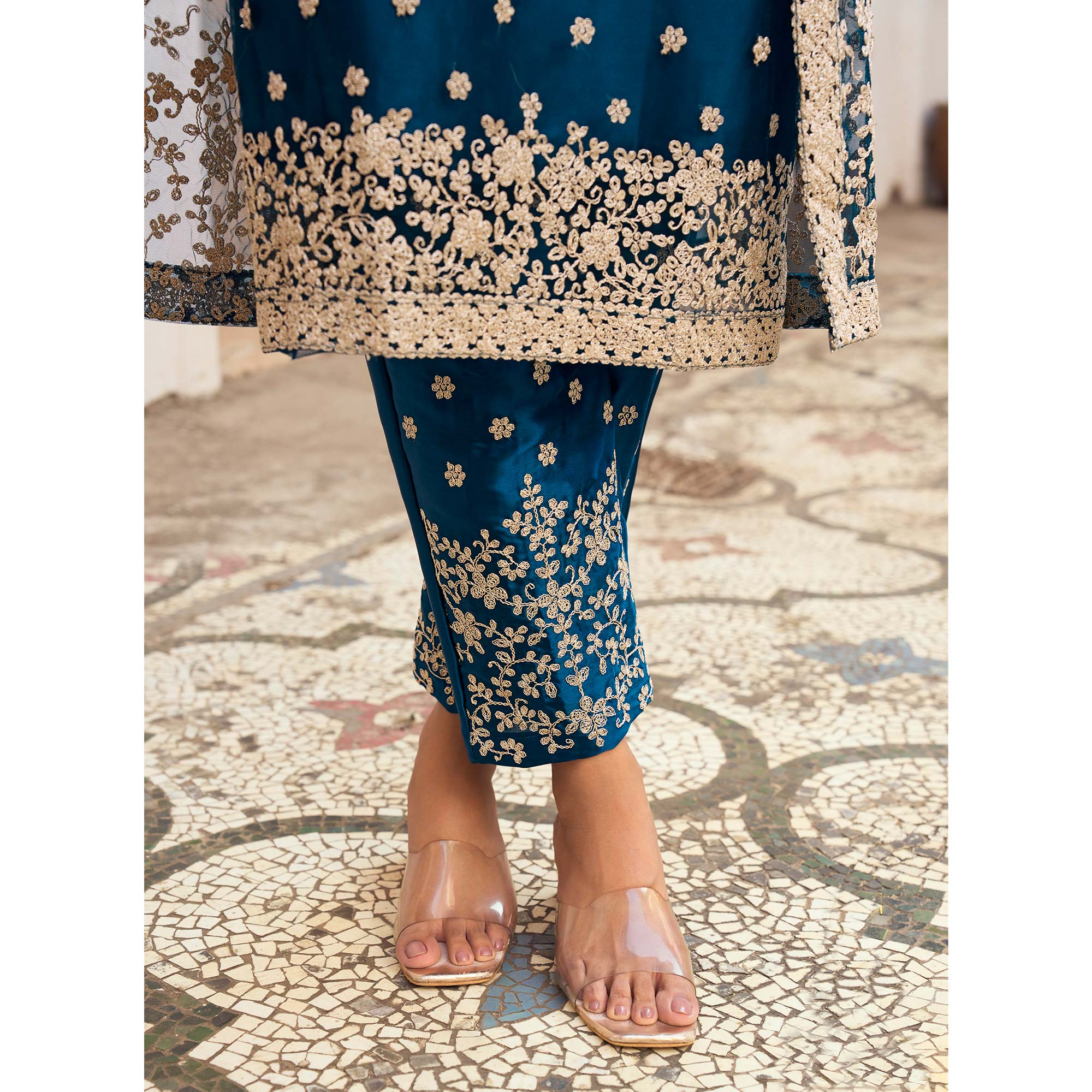 Blue Floral Embroidered Net Semi Stitched Pakistani Suit