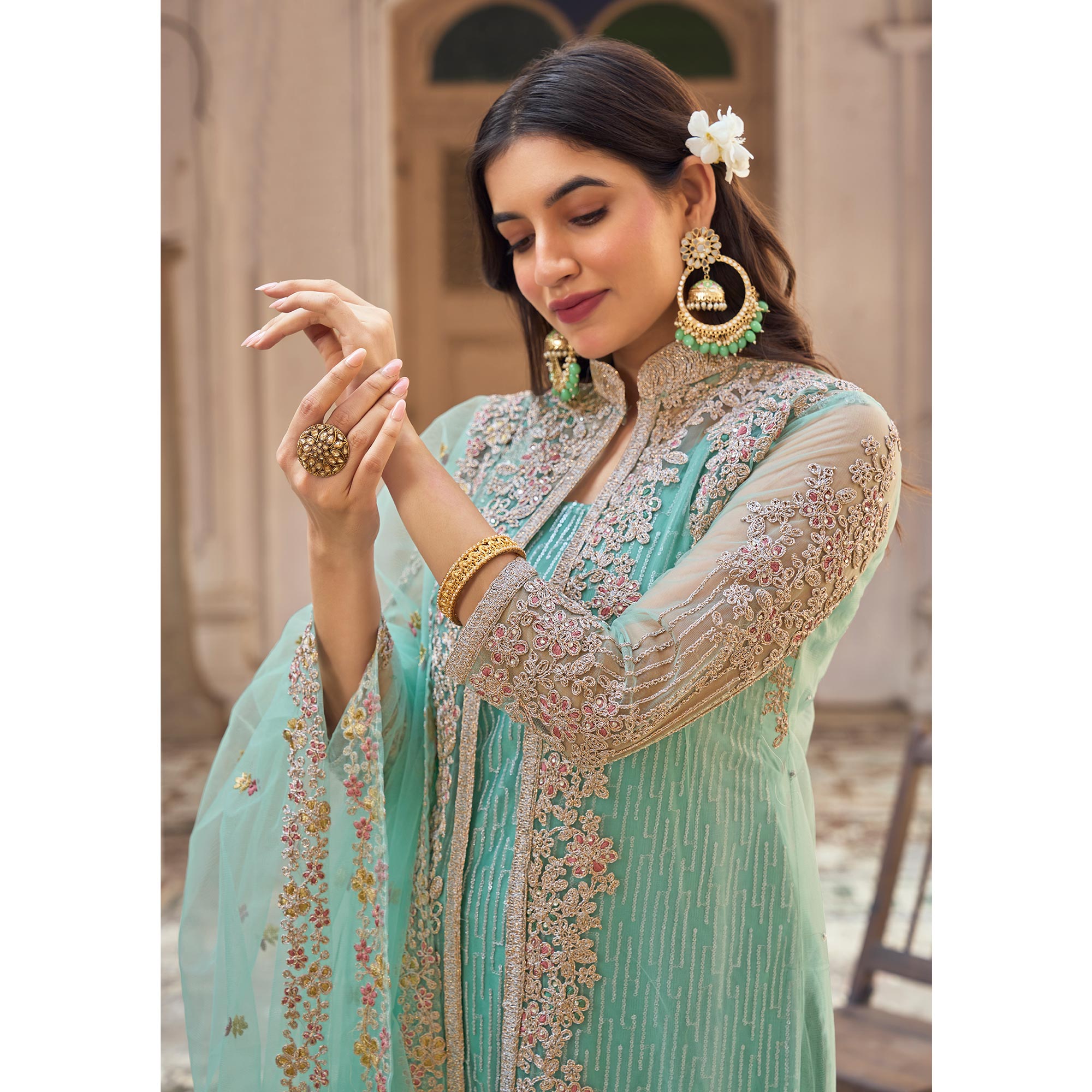 Turquoise Floral Embroidered Net Semi Stitched Suit