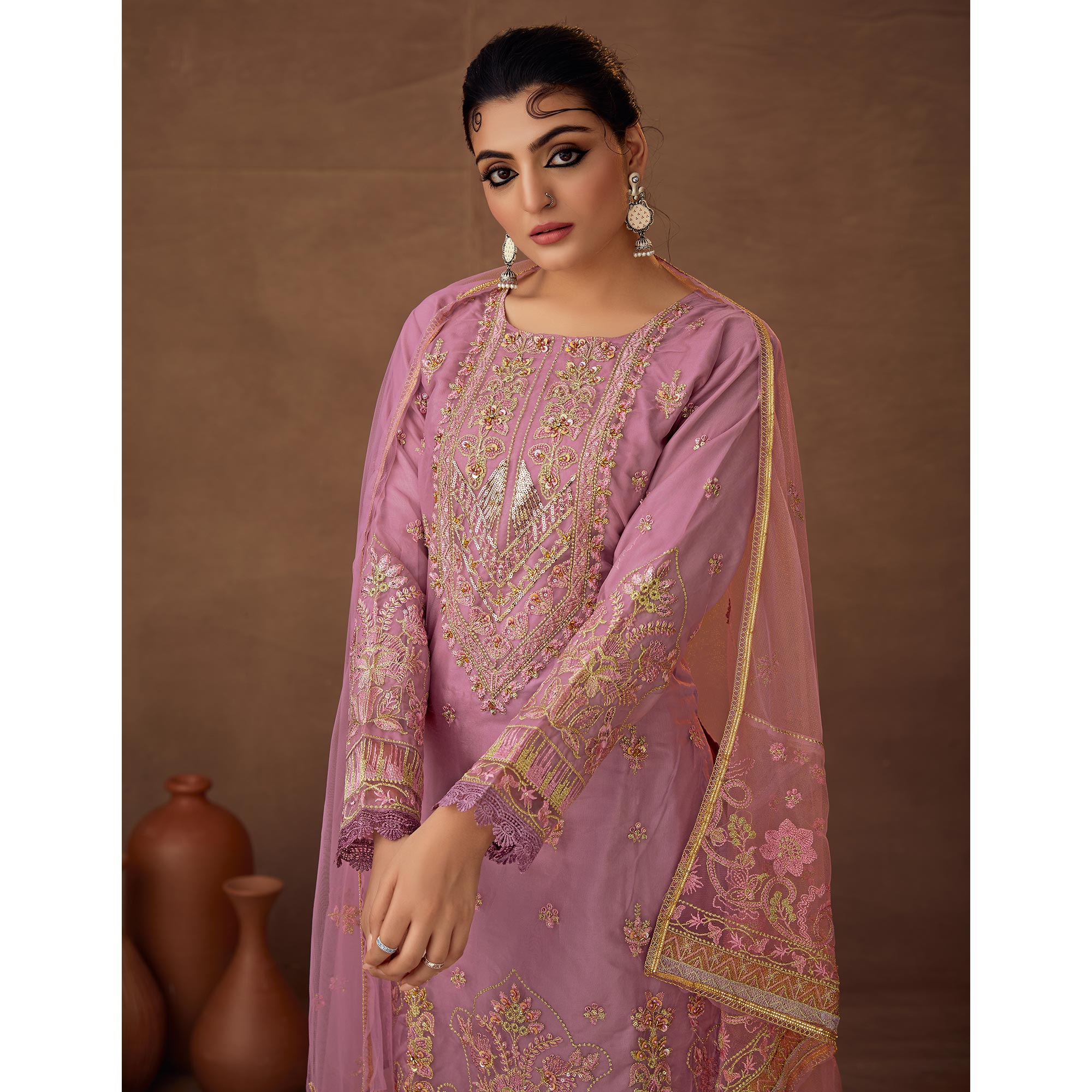 Pink Floral Embroidered Organza Semi Stitched Pakistani Suit