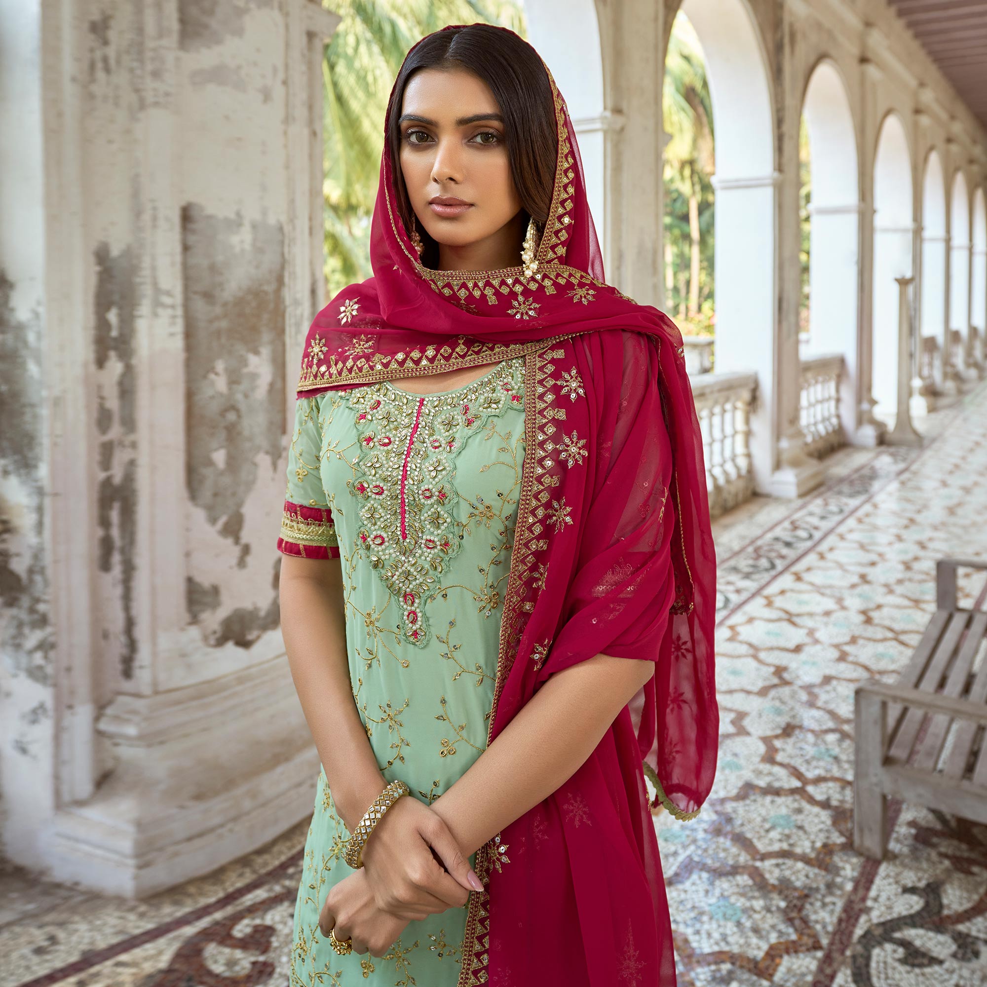 Green Floral Embroidered Georgette Semi Stitched Suit