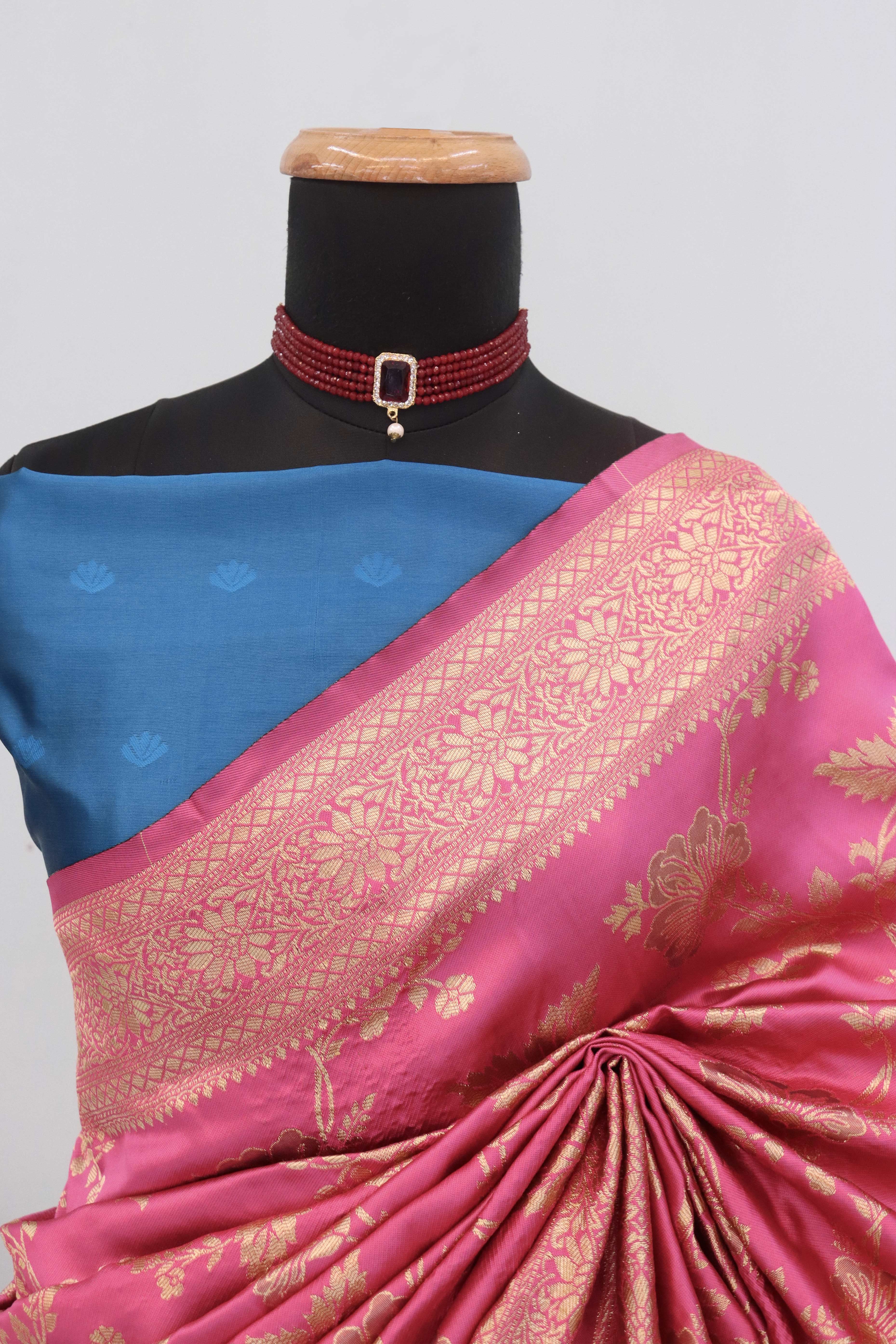 Graceful Pink & Blue Banarasi Silk Saree Featuring Intricate Floral Zari Weaving Work