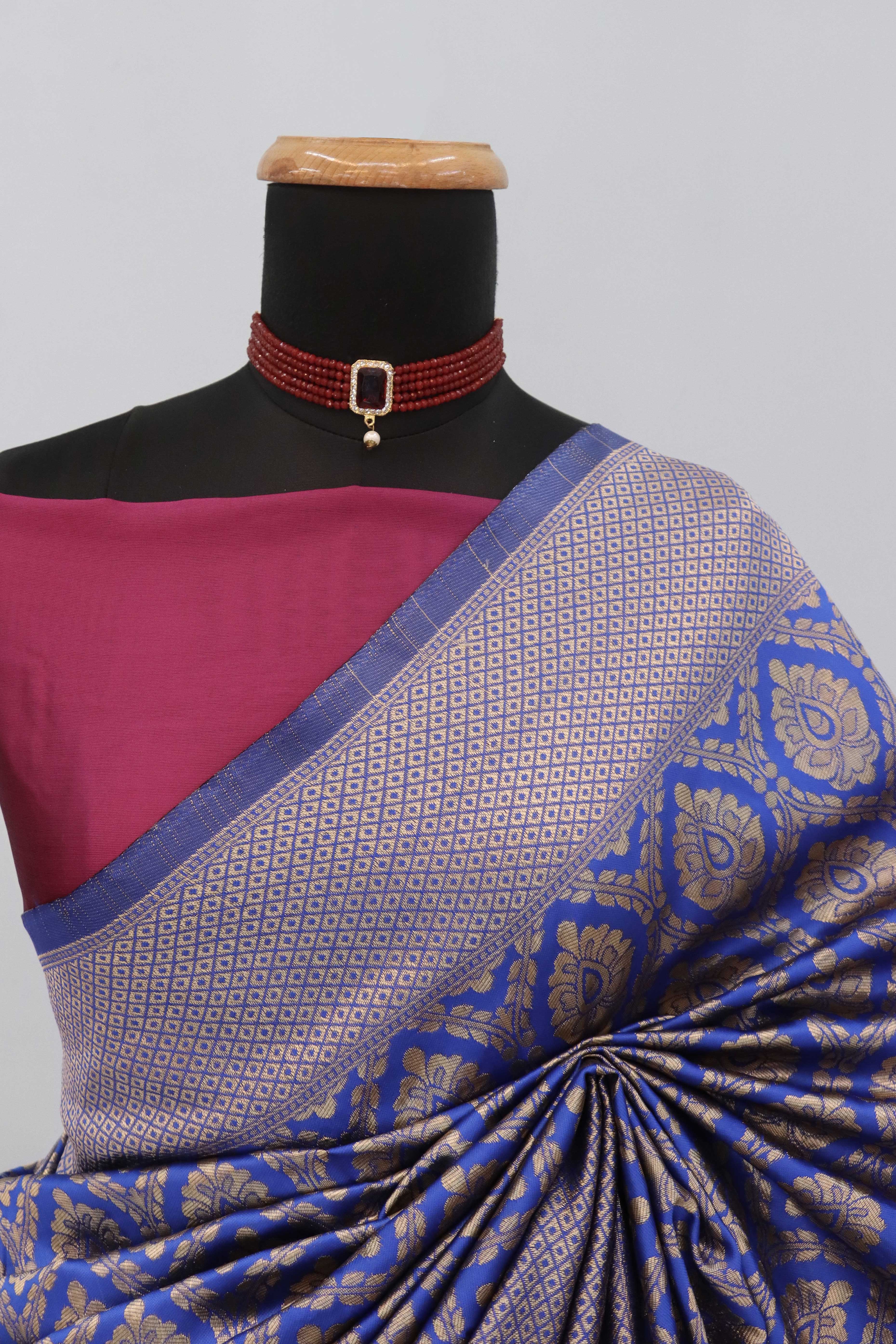 Charming Royal Blue & Pink Banarasi Silk Saree Adorned With Floral Zari Weaving