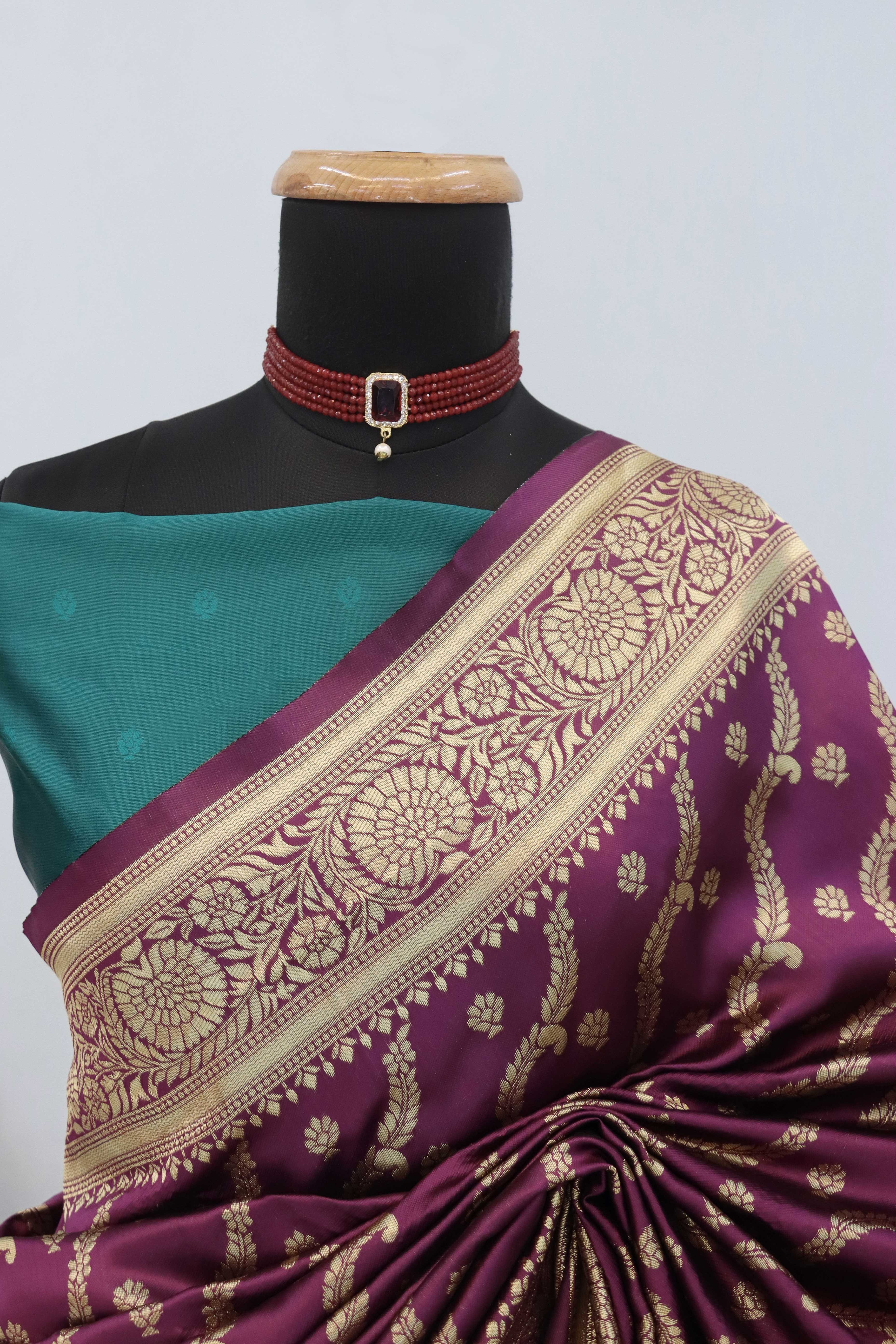Graceful Wine Banarasi Silk Saree Featuring Intricate Floral Zari Weaving Work