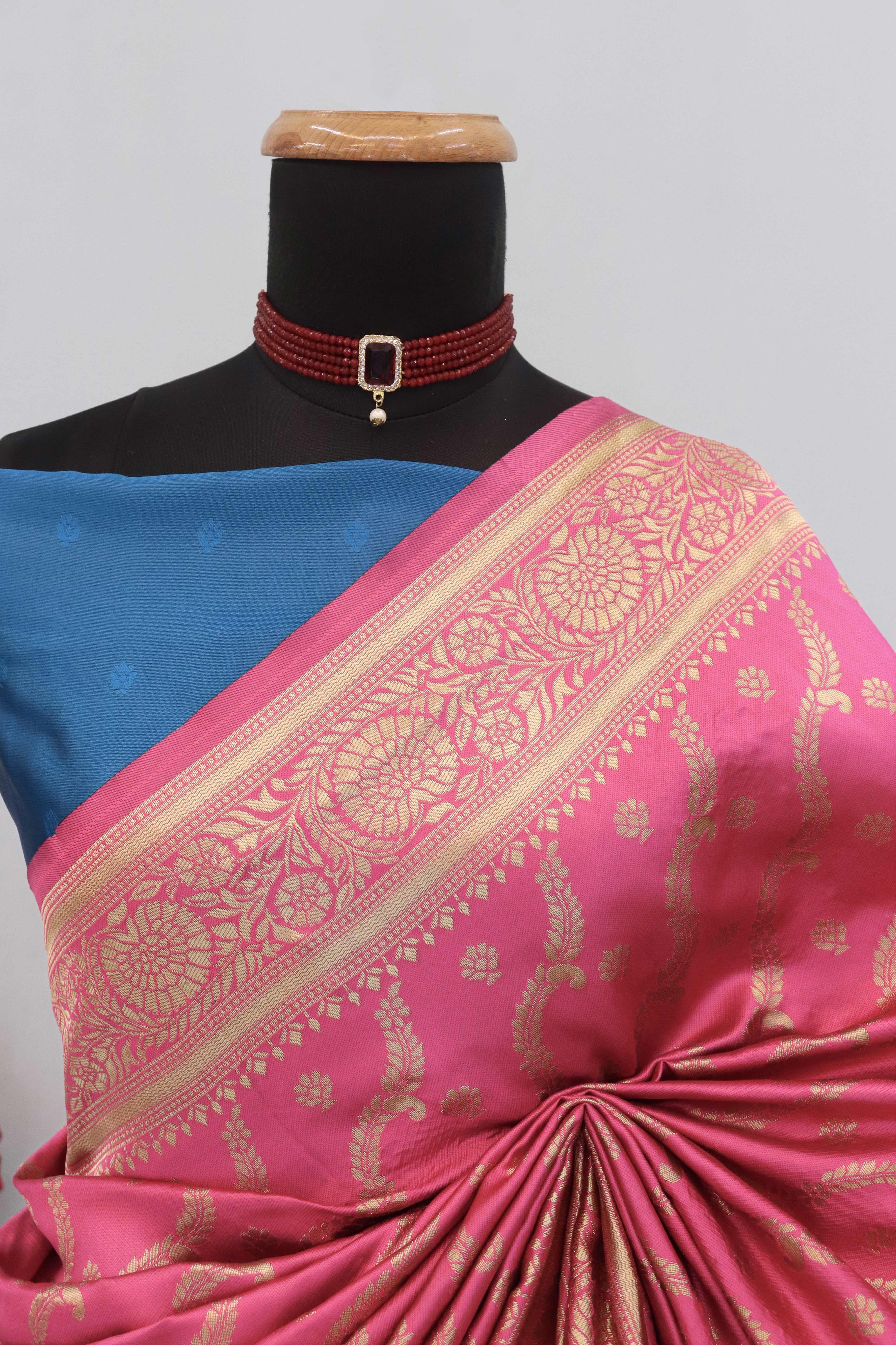Graceful Pink Banarasi Silk Saree Featuring Intricate Floral Zari Weaving Work