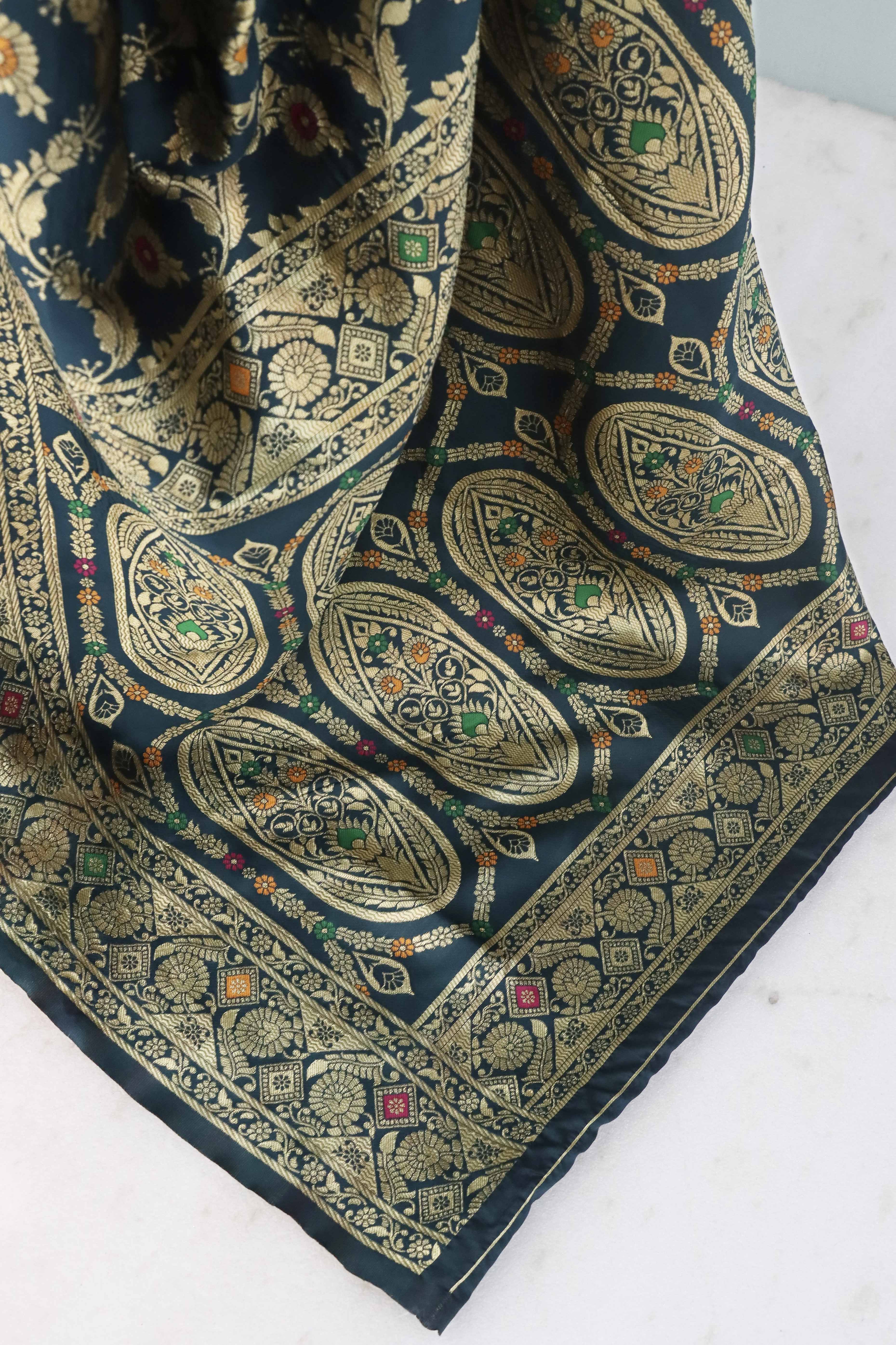 Classic Morpich Blue Silk Banarasi Saree Showcasing Delicate Floral Zari Weaving