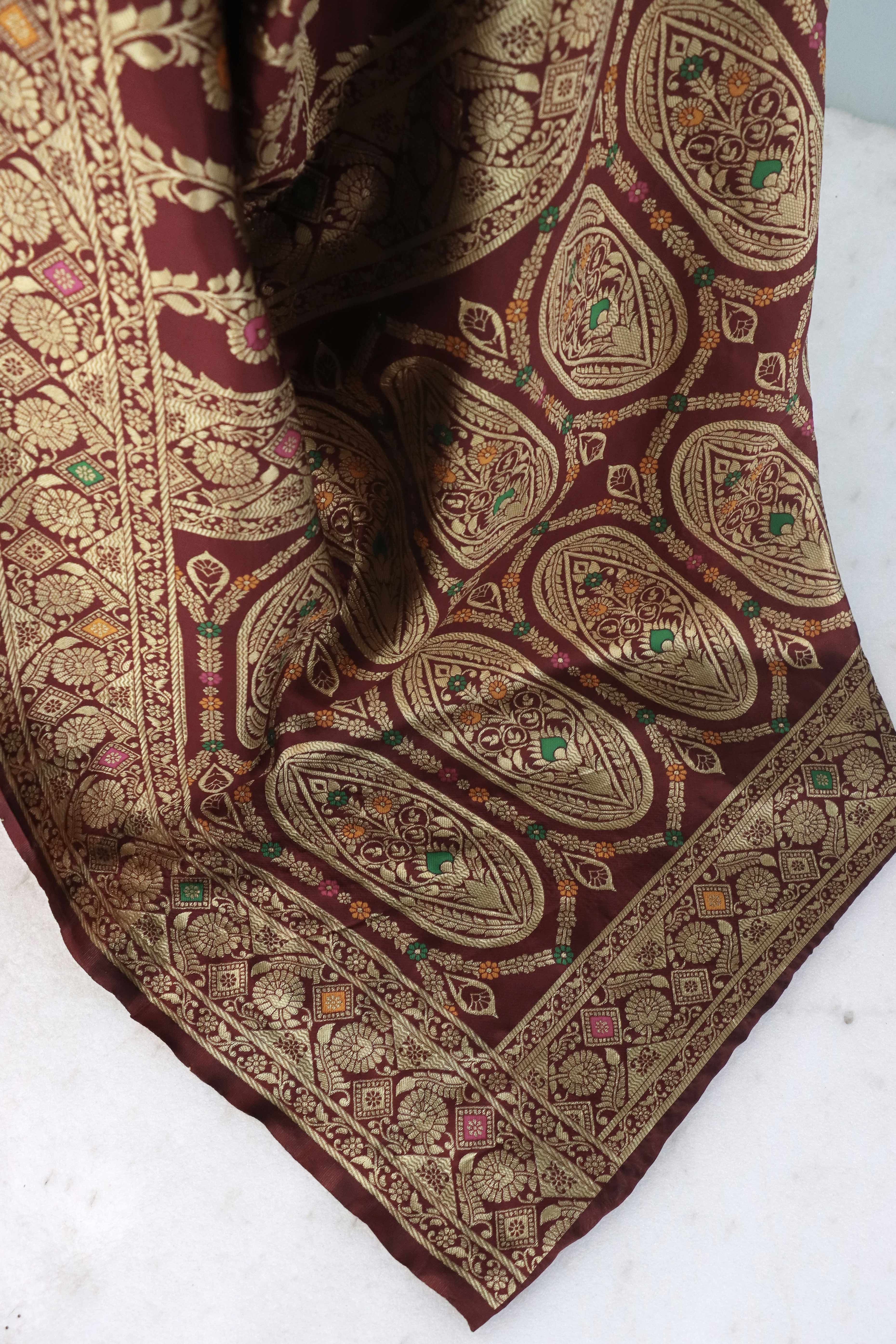 Classic Dark Maroon Silk Banarasi Saree Showcasing Delicate Floral Zari Weaving