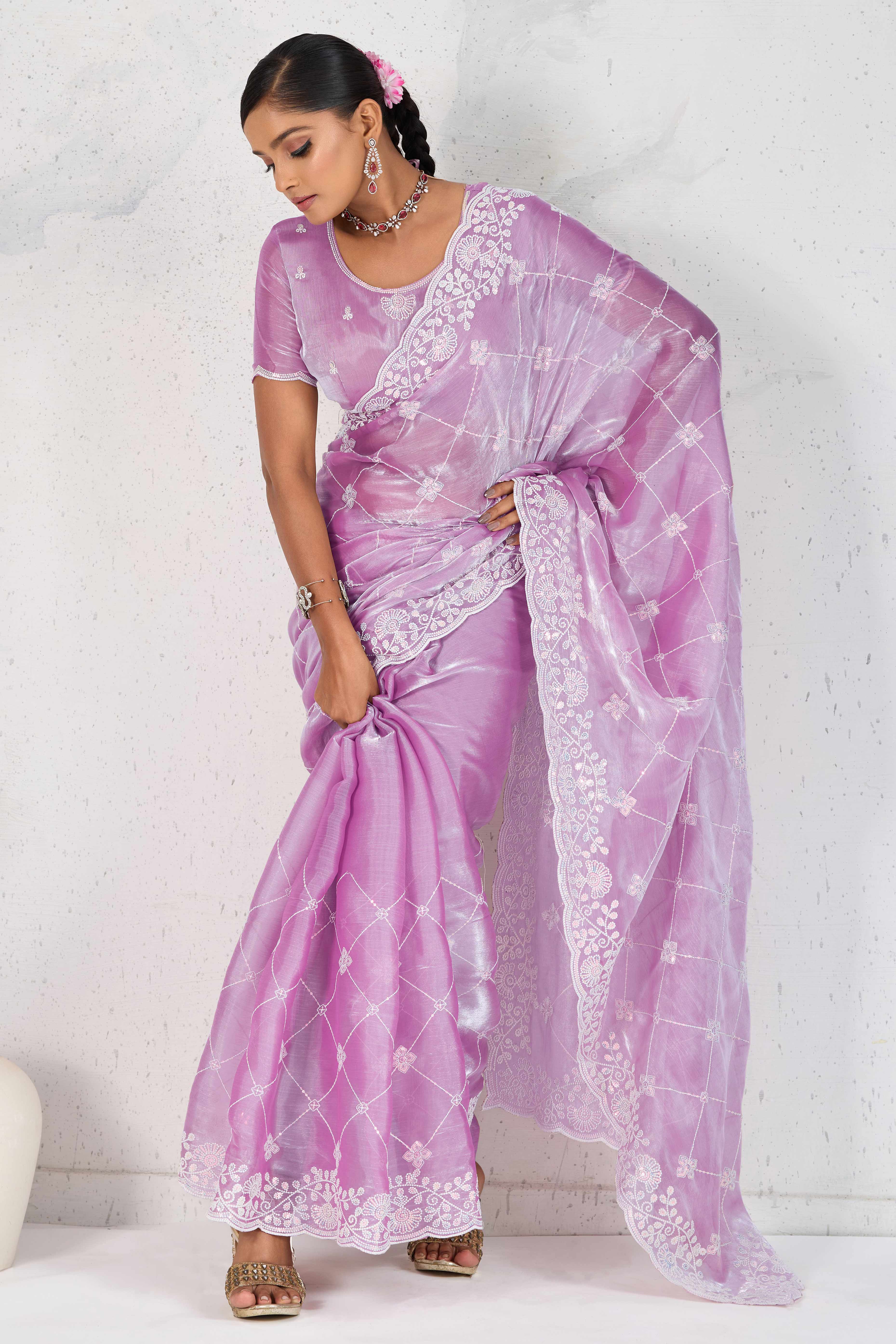 Purple Silk Saree with Dazzling Sequin Embroidery