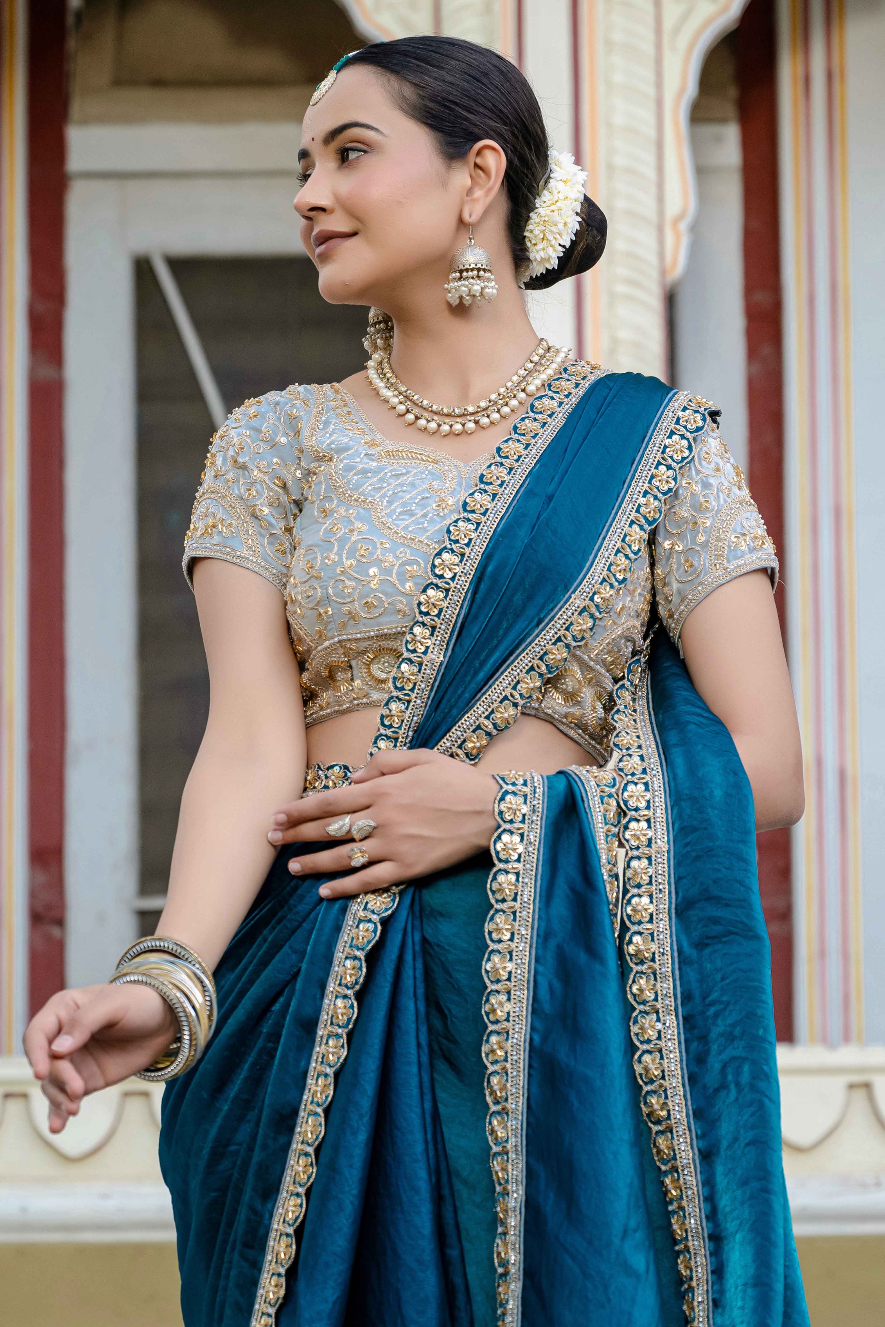 Morpich Blue Satin Velvet Saree Adorned With Handcrafted Sequins Beads & Pearl Embellishments
