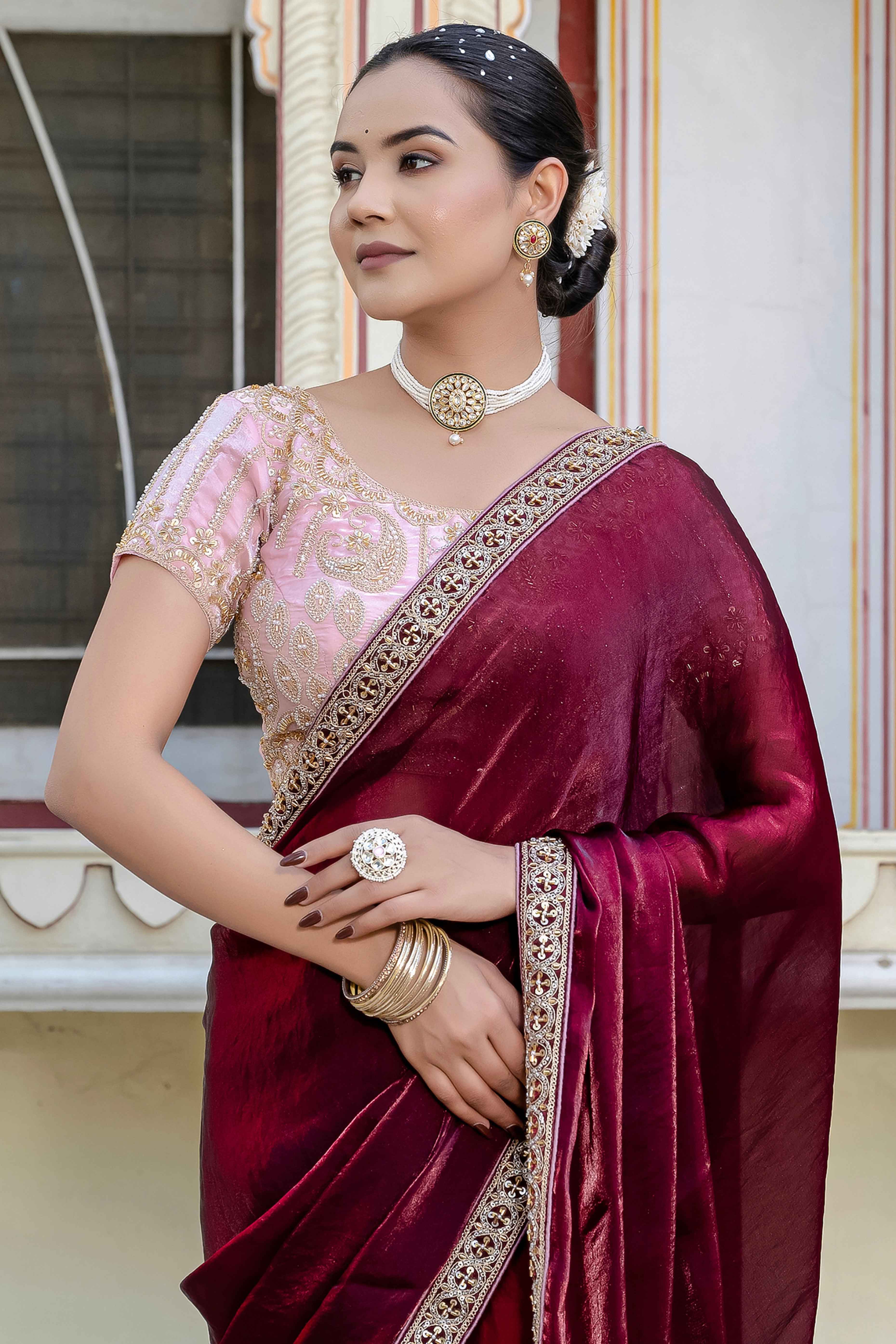 Maroon Satin Velvet Saree Adorned With Handcrafted Sequins Beads & Pearl Embellishments