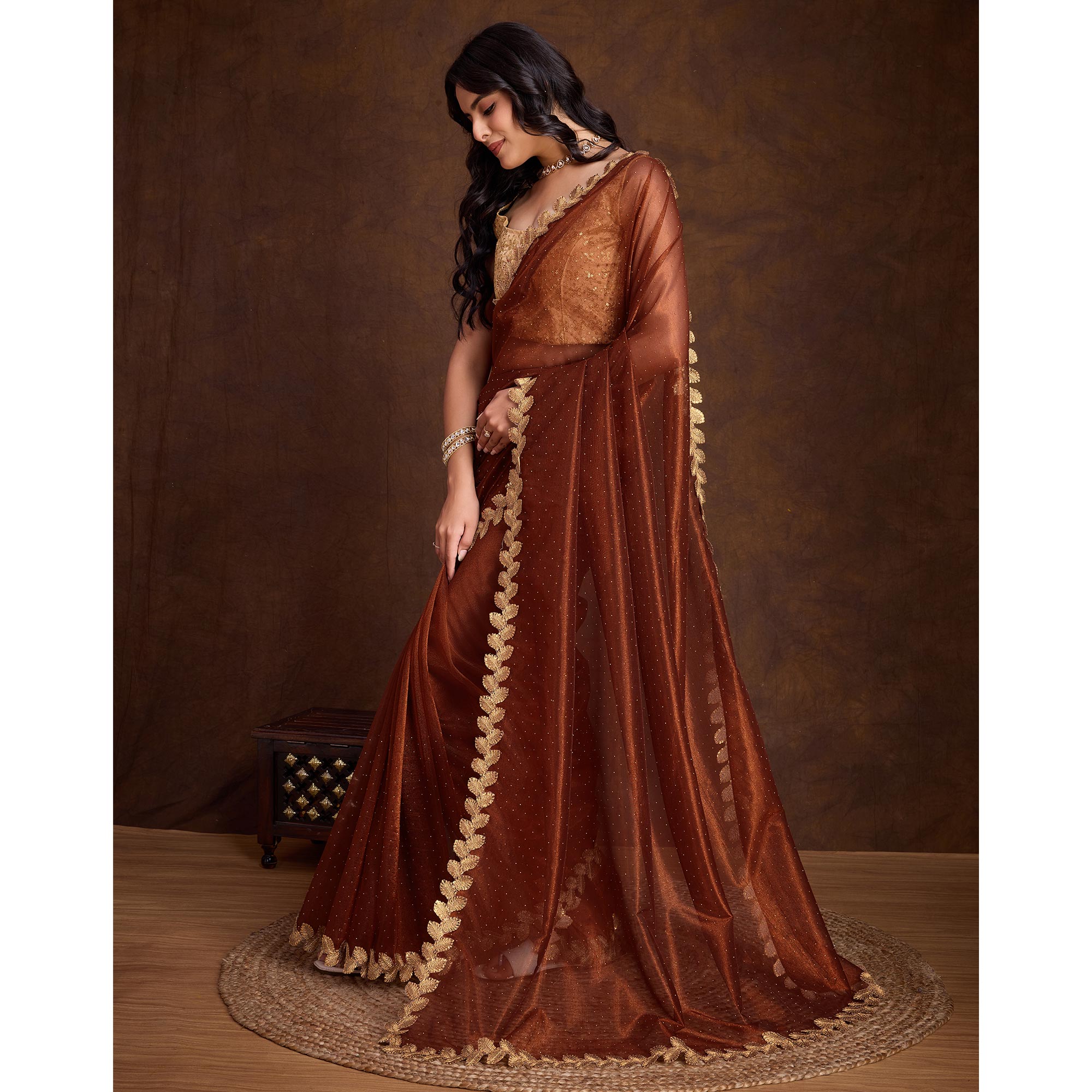 Brown Swarovski Work Shimmer Net Saree
