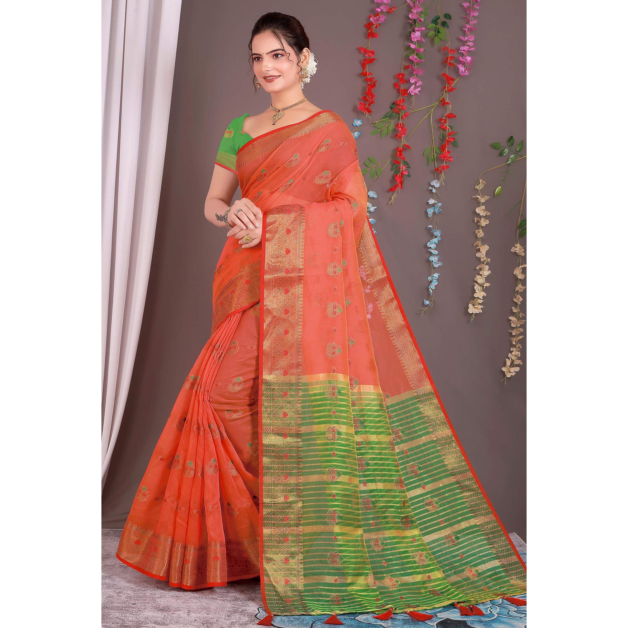 Red Floral Woven Cotton Silk Saree With Tassels