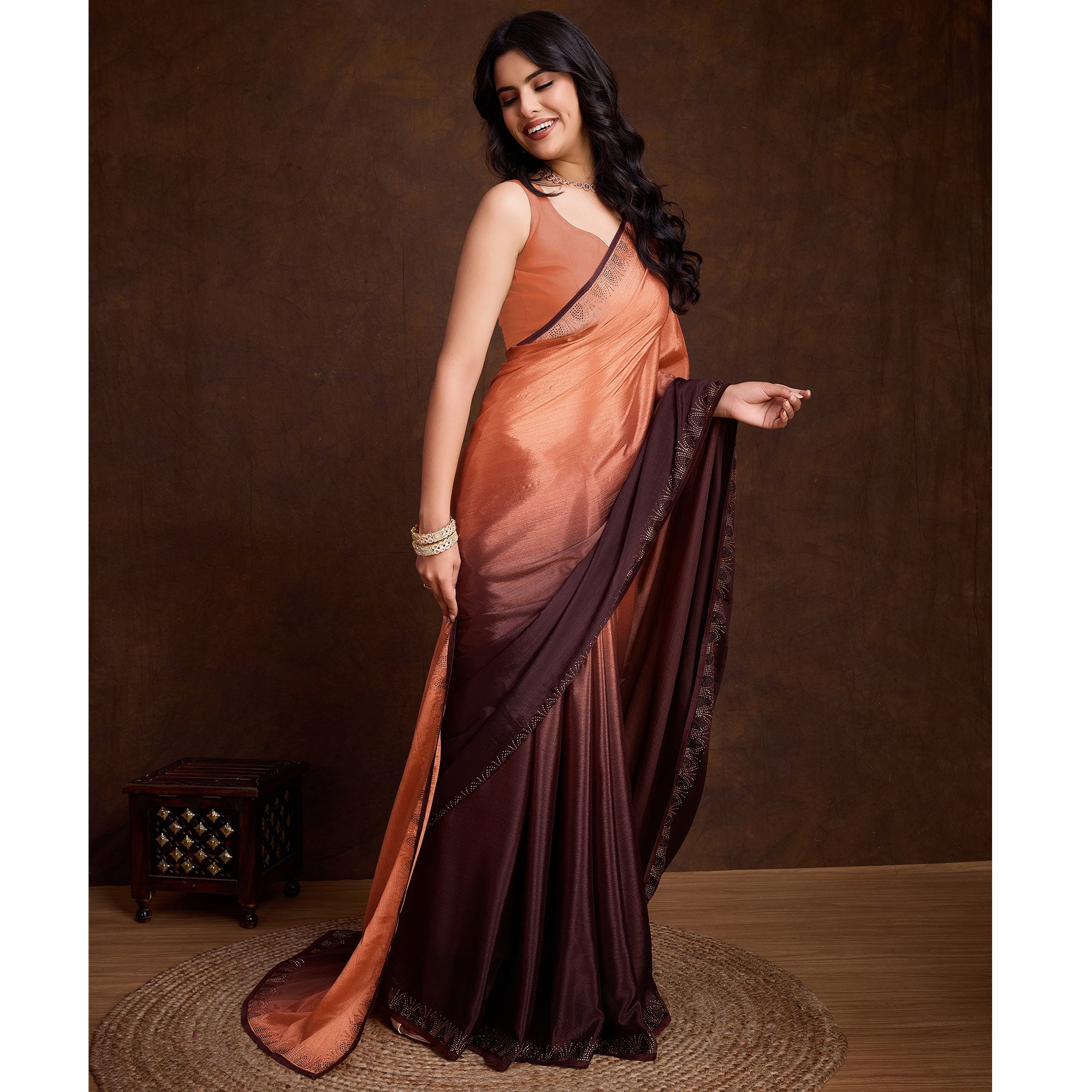 Peach & Brown Swarovski Border Work Chinon Ombre Saree