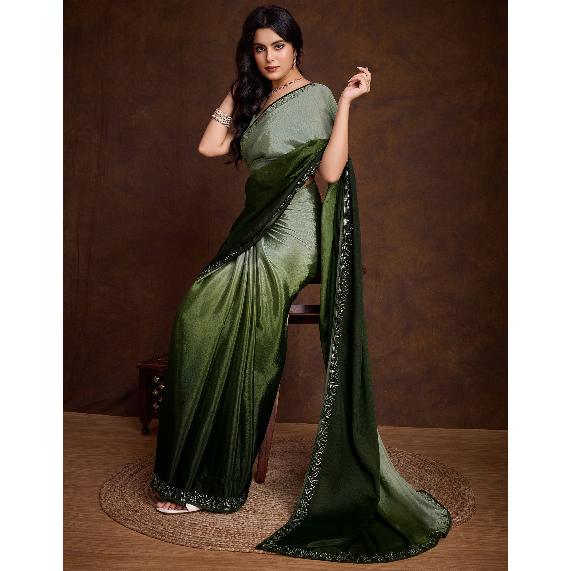 Green Swarovski Border Work Chinon Ombre Saree