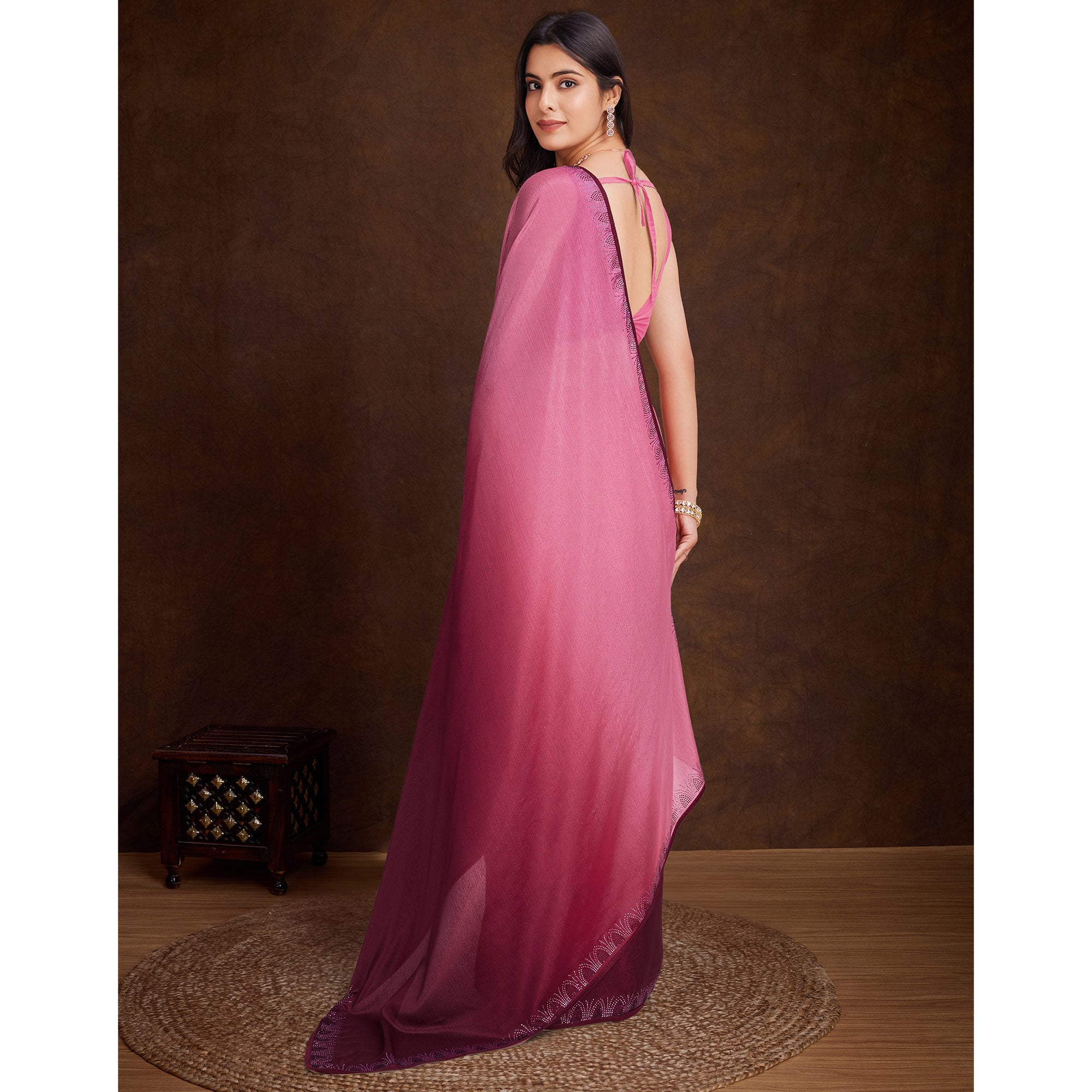 Pink Swarovski Border Work Chinon Ombre Saree