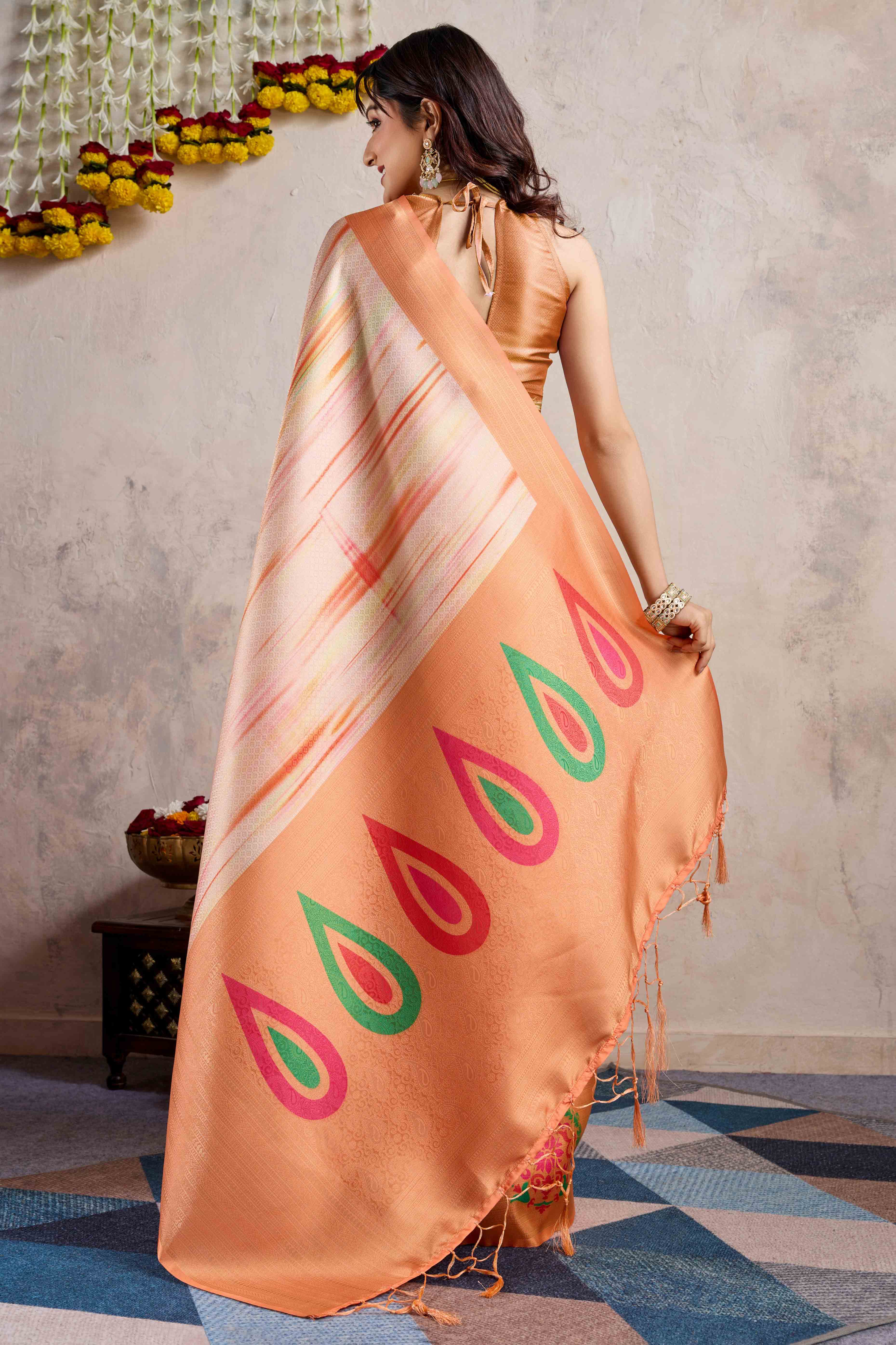Orange Kanoko Print Weaving Soft Banarasi Silk Saree