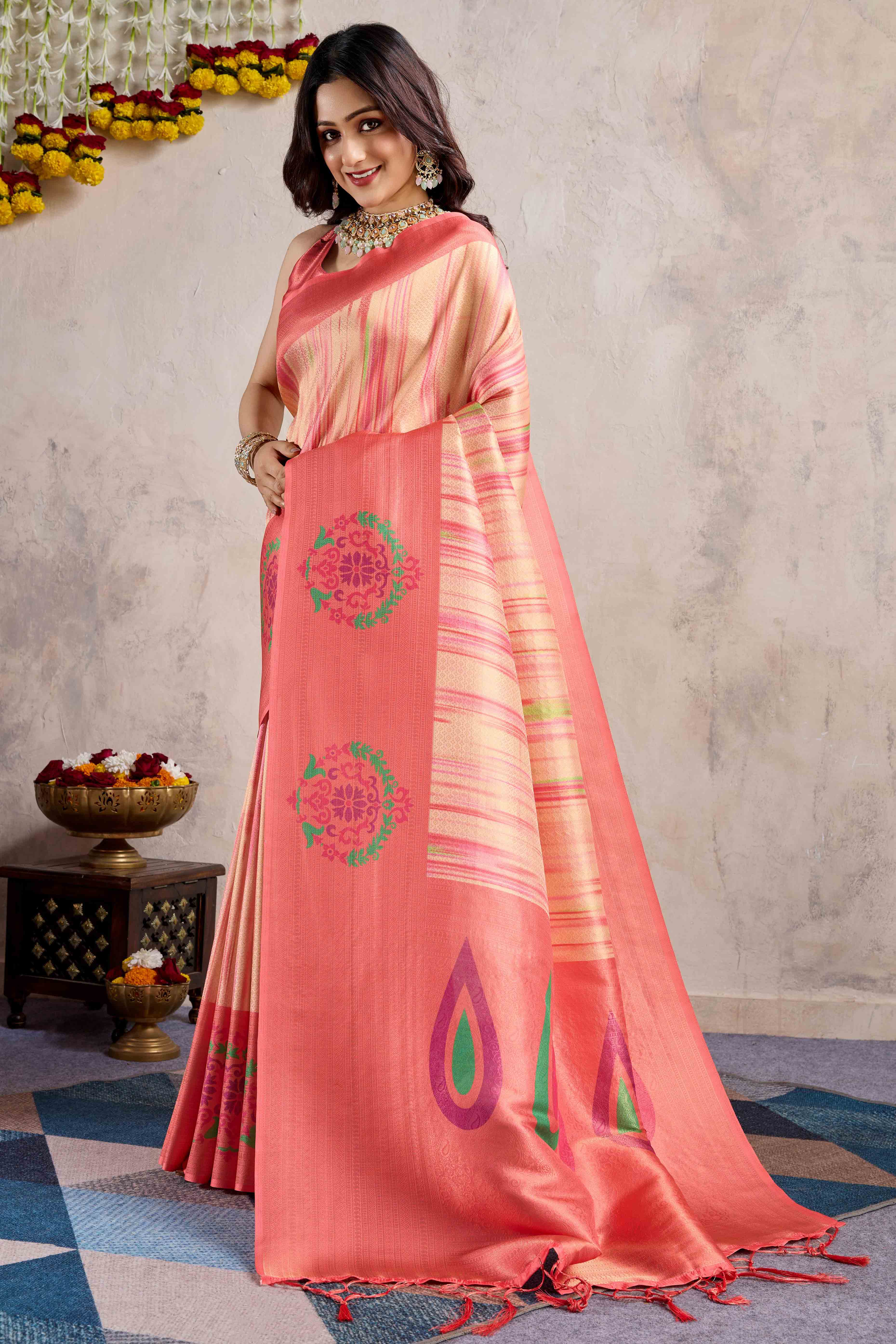 Peach Kanoko Print Weaving Soft Banarasi Silk Saree