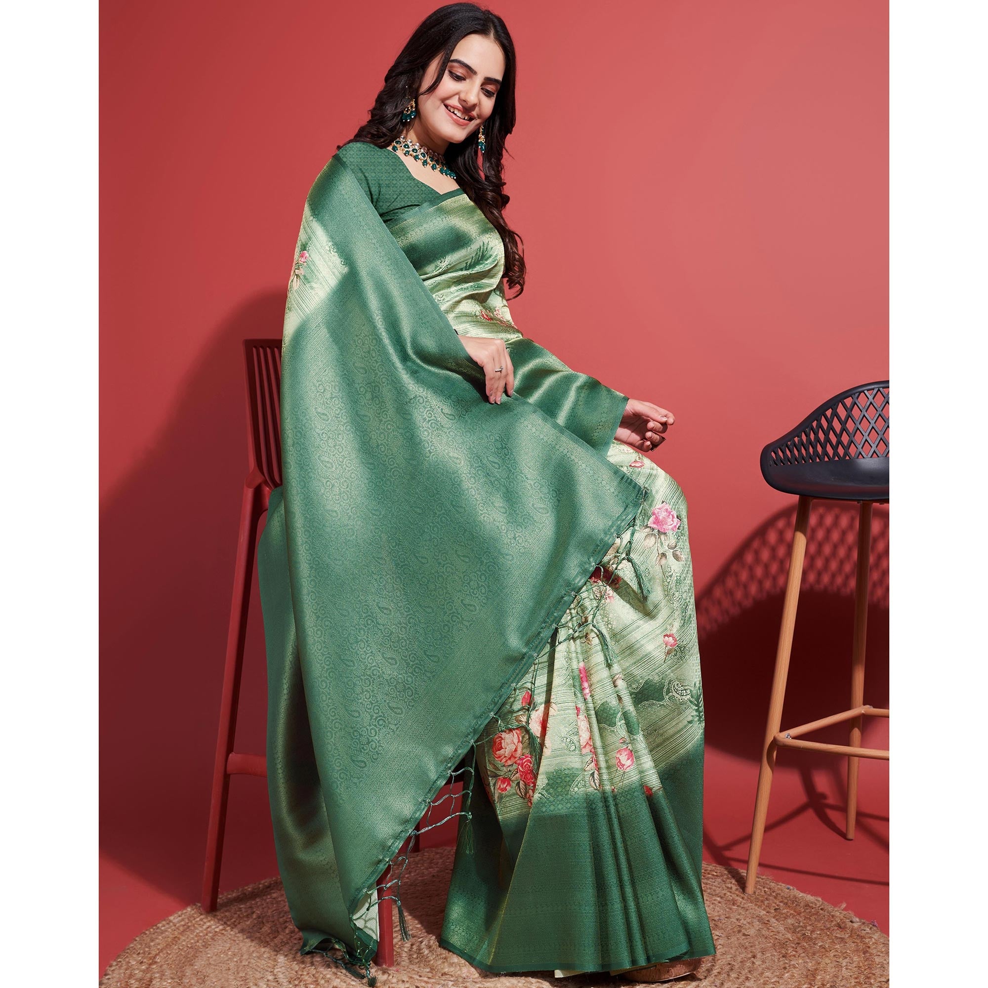 Rama Green Floral Digital Printed With Woven Banarasi Silk Saree