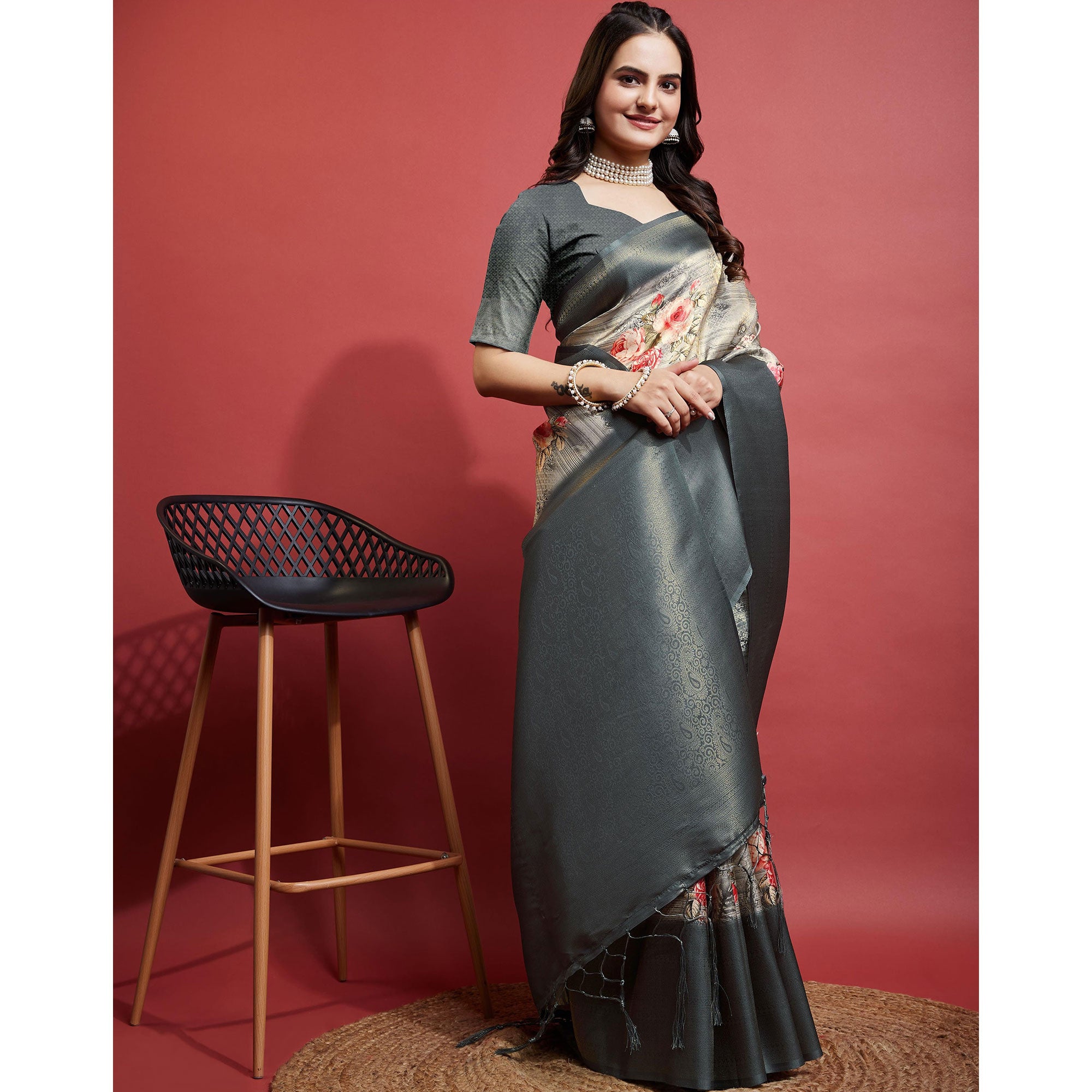 Grey Floral Digital Printed With Woven Banarasi Silk Saree