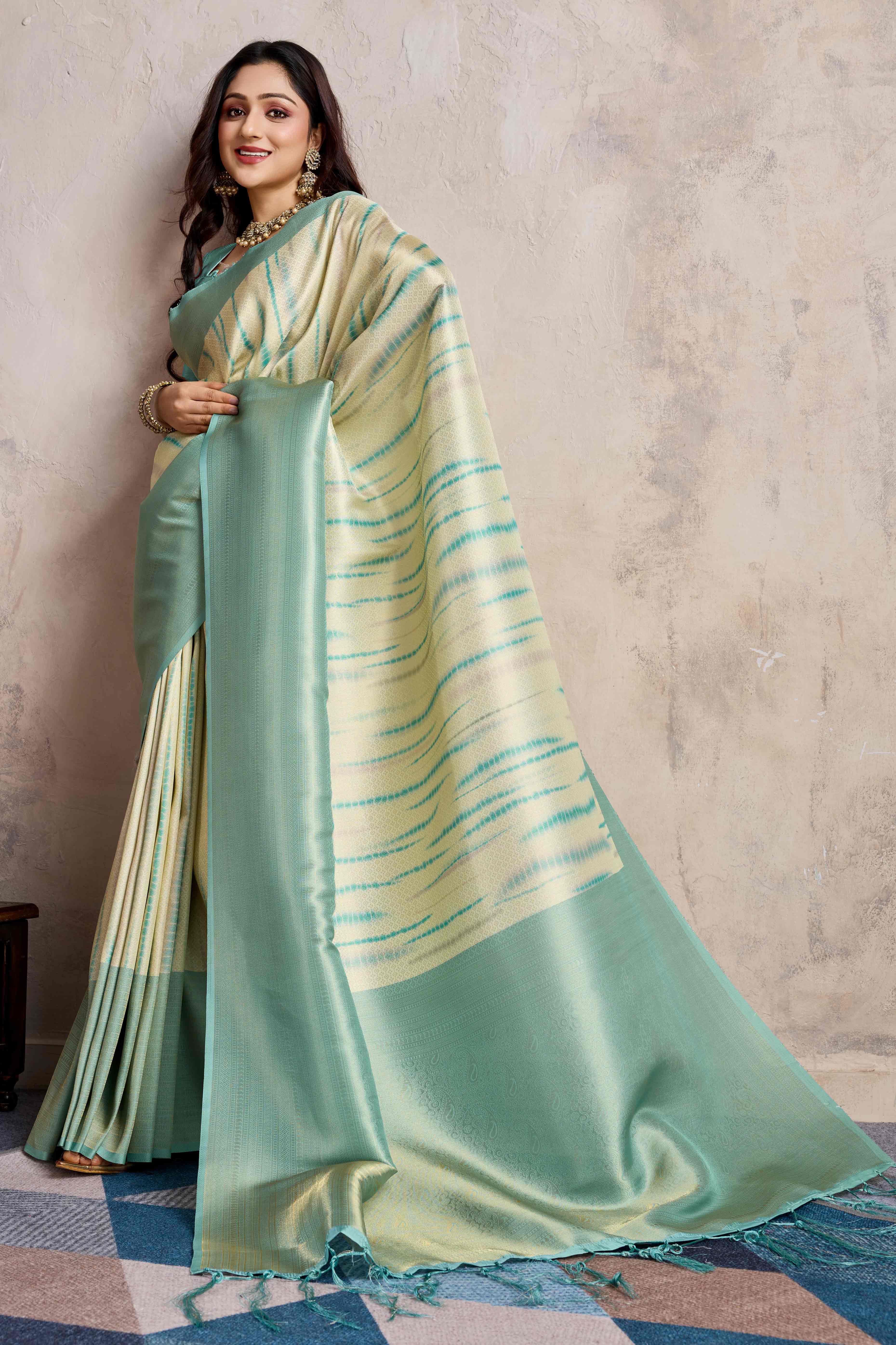 Turquoise Woven With Digital Printed Banarasi Silk Saree