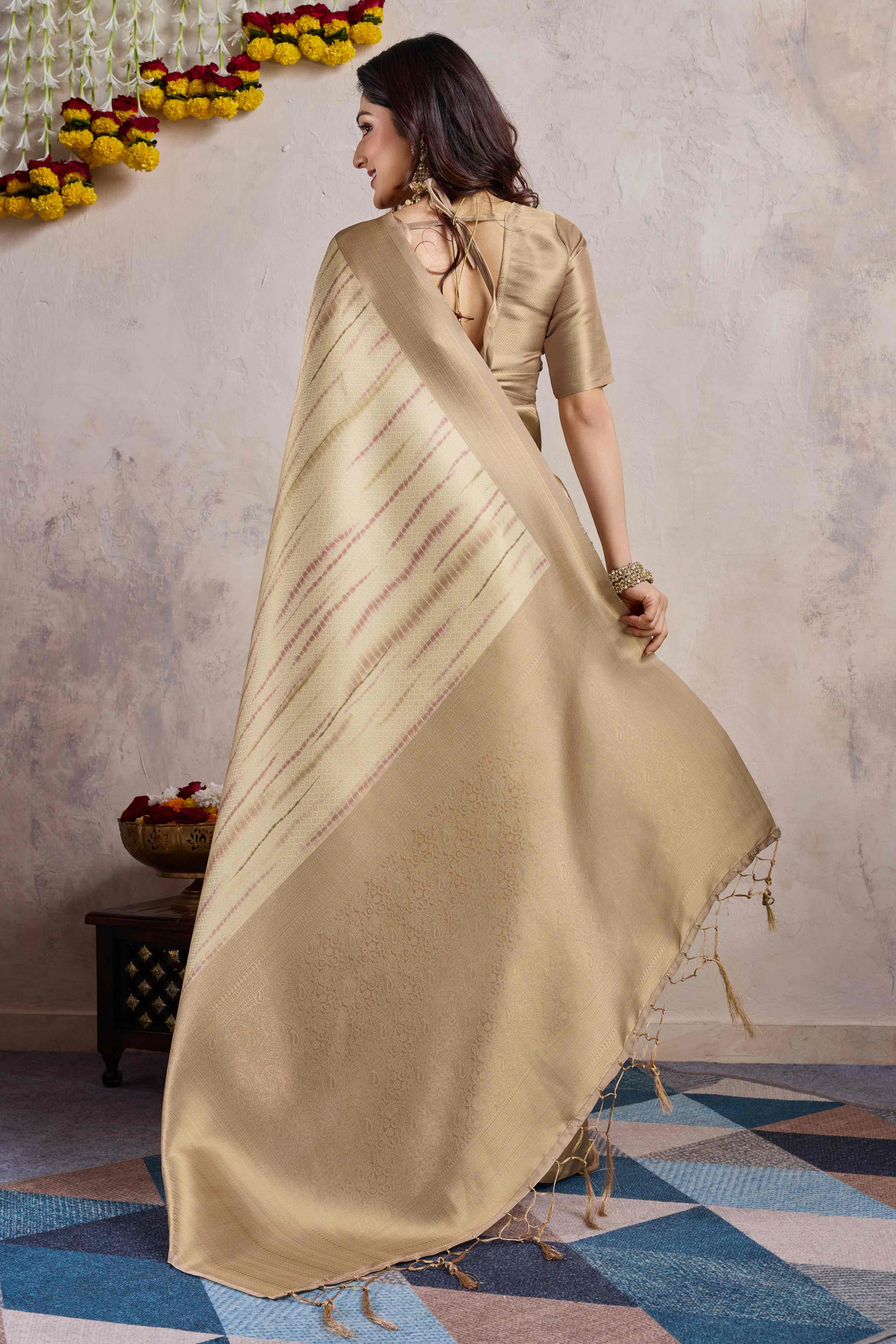 Chikoo Woven With Digital Printed Banarasi Silk Saree