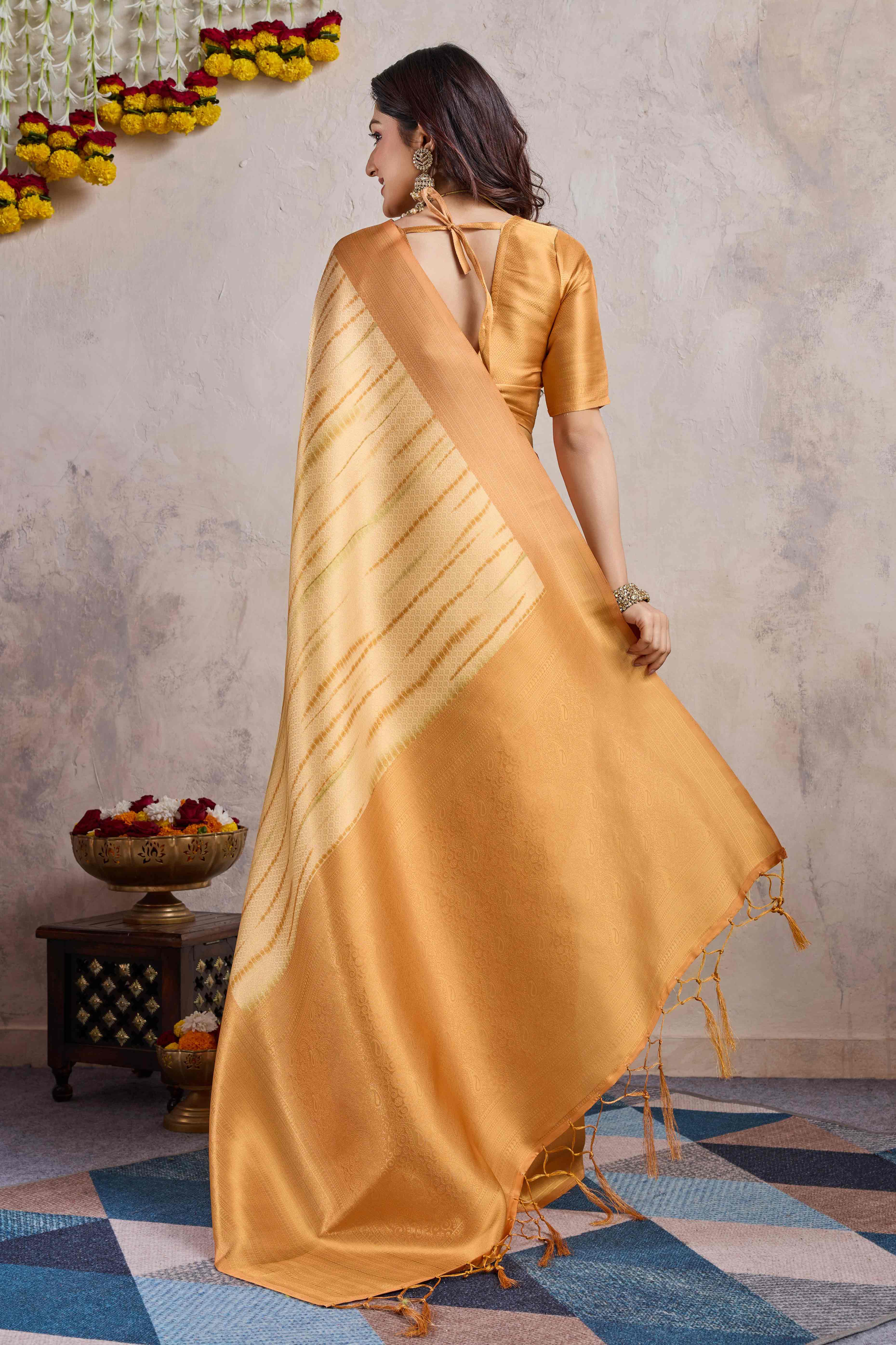 Orange Woven With Digital Printed Banarasi Silk Saree