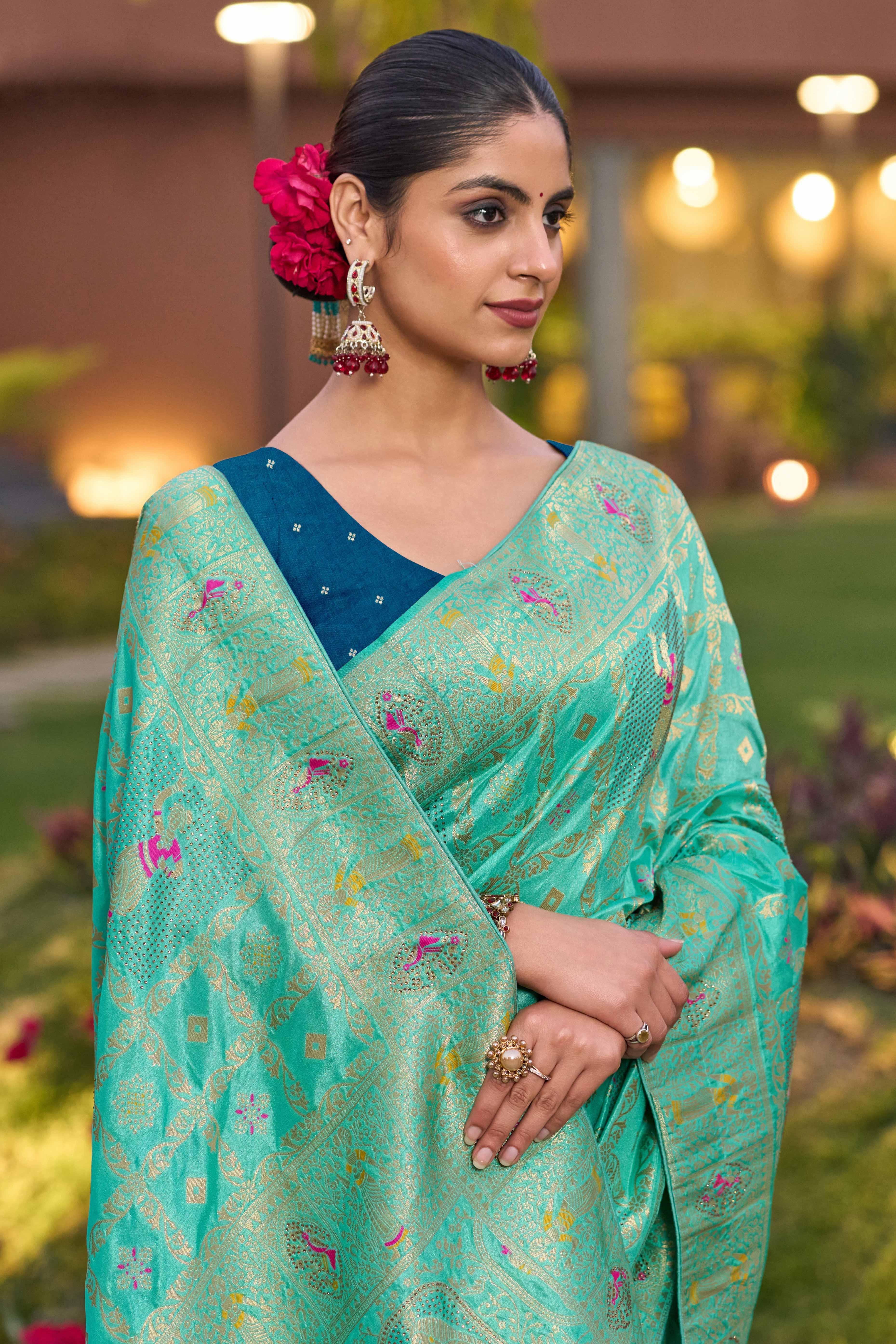 Turquoise Dola Silk Saree Featuring Intricate Gharchola Woven Design