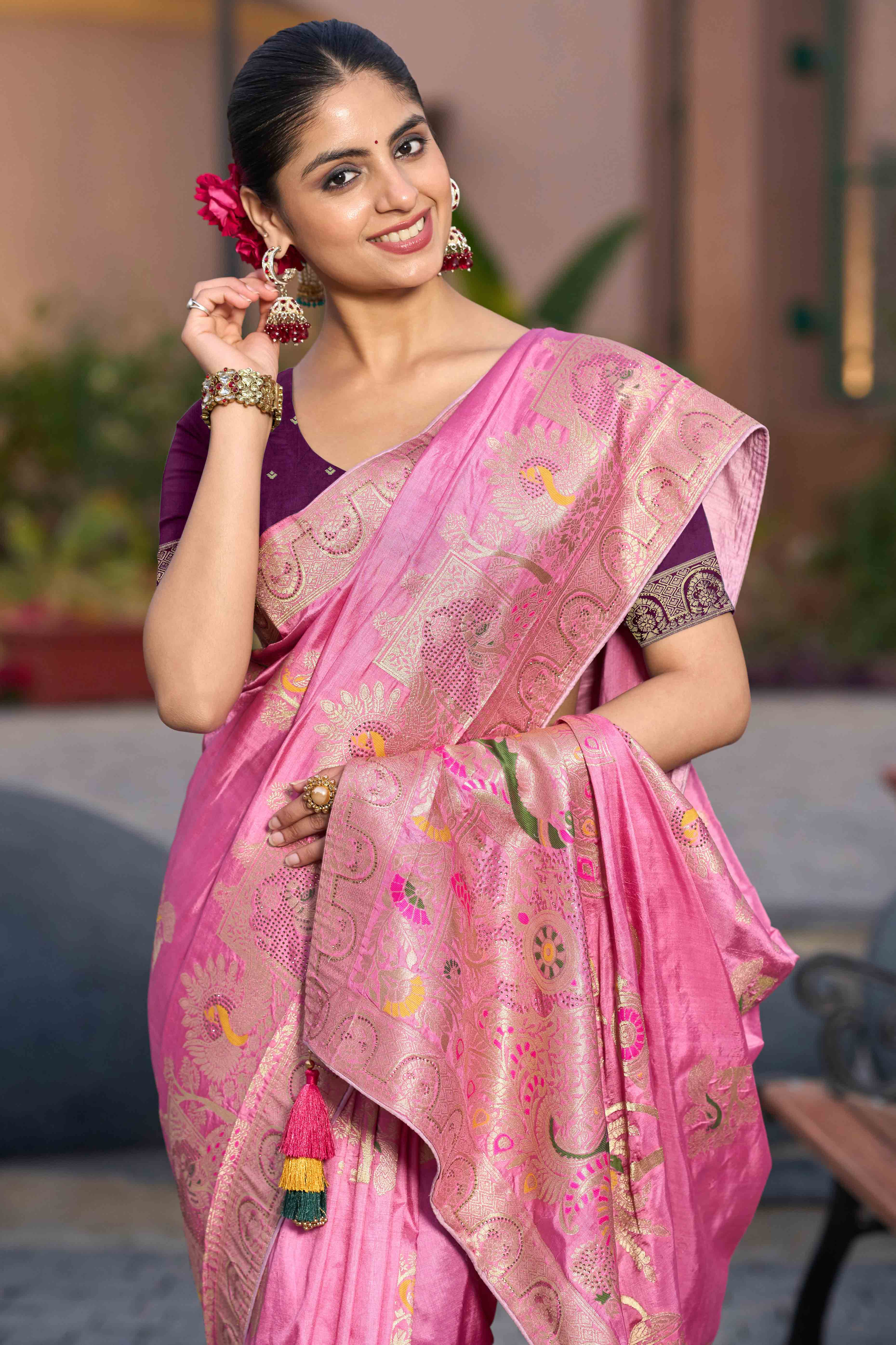 Exquisite Pink Dola Silk Saree With Zari Weaving & Sparkling Swarovski Embellishments