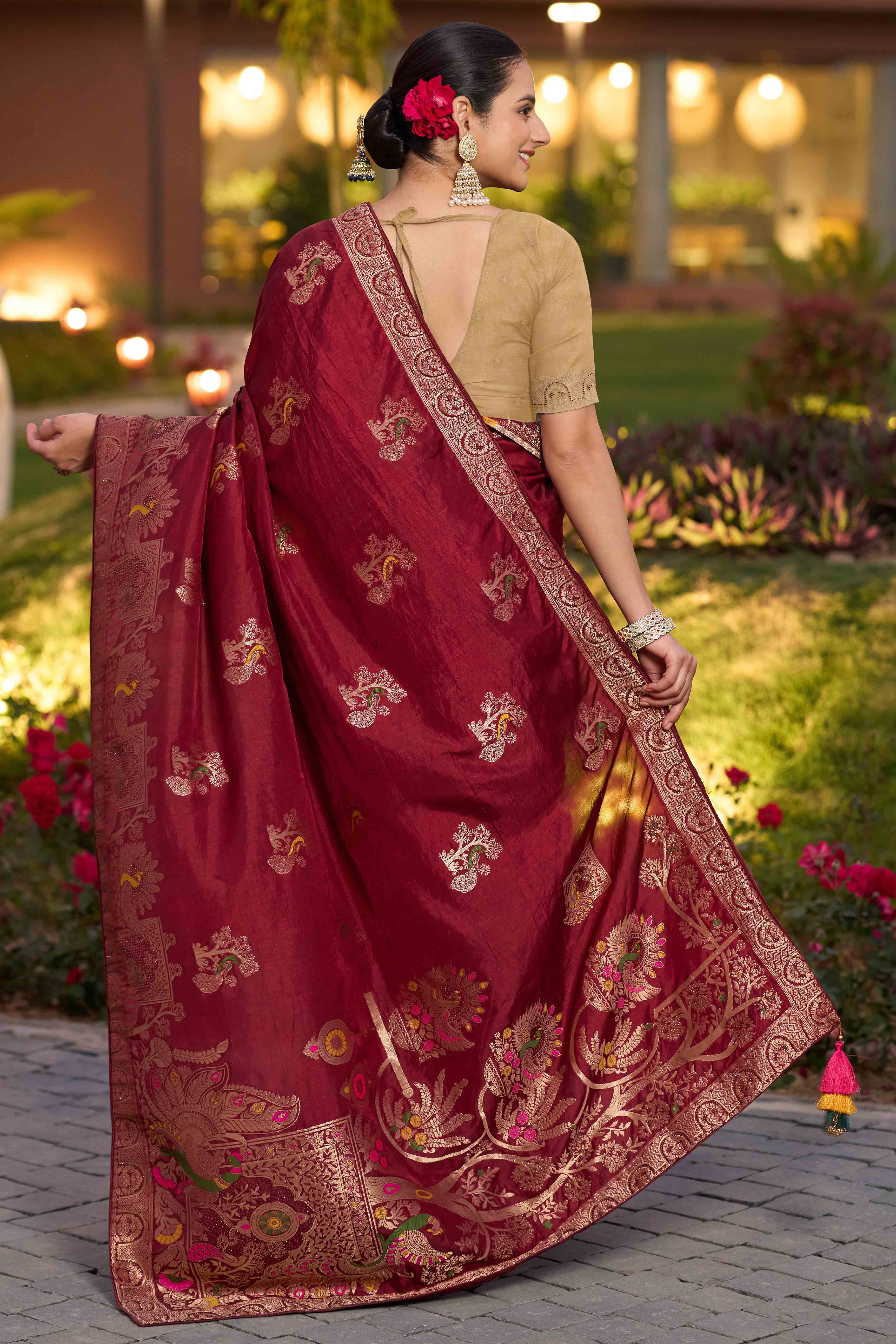 Opulent Maroon Dola Silk Saree With Exquisite Zari Weaving & Swarovski Embellishments