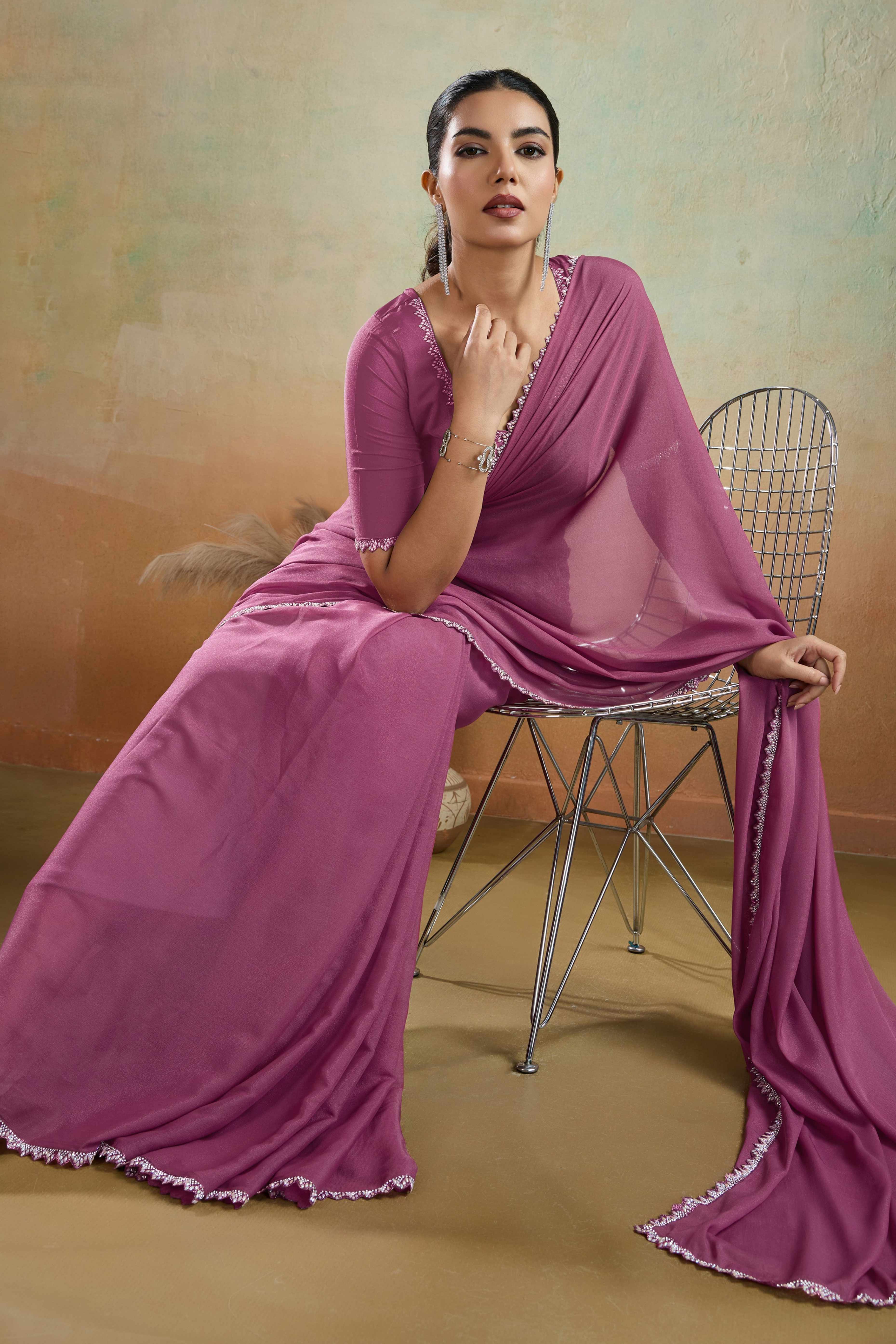 Deep Rose Pink Solid Matt Georgette Saree With Ceramic Embellished Lace Border