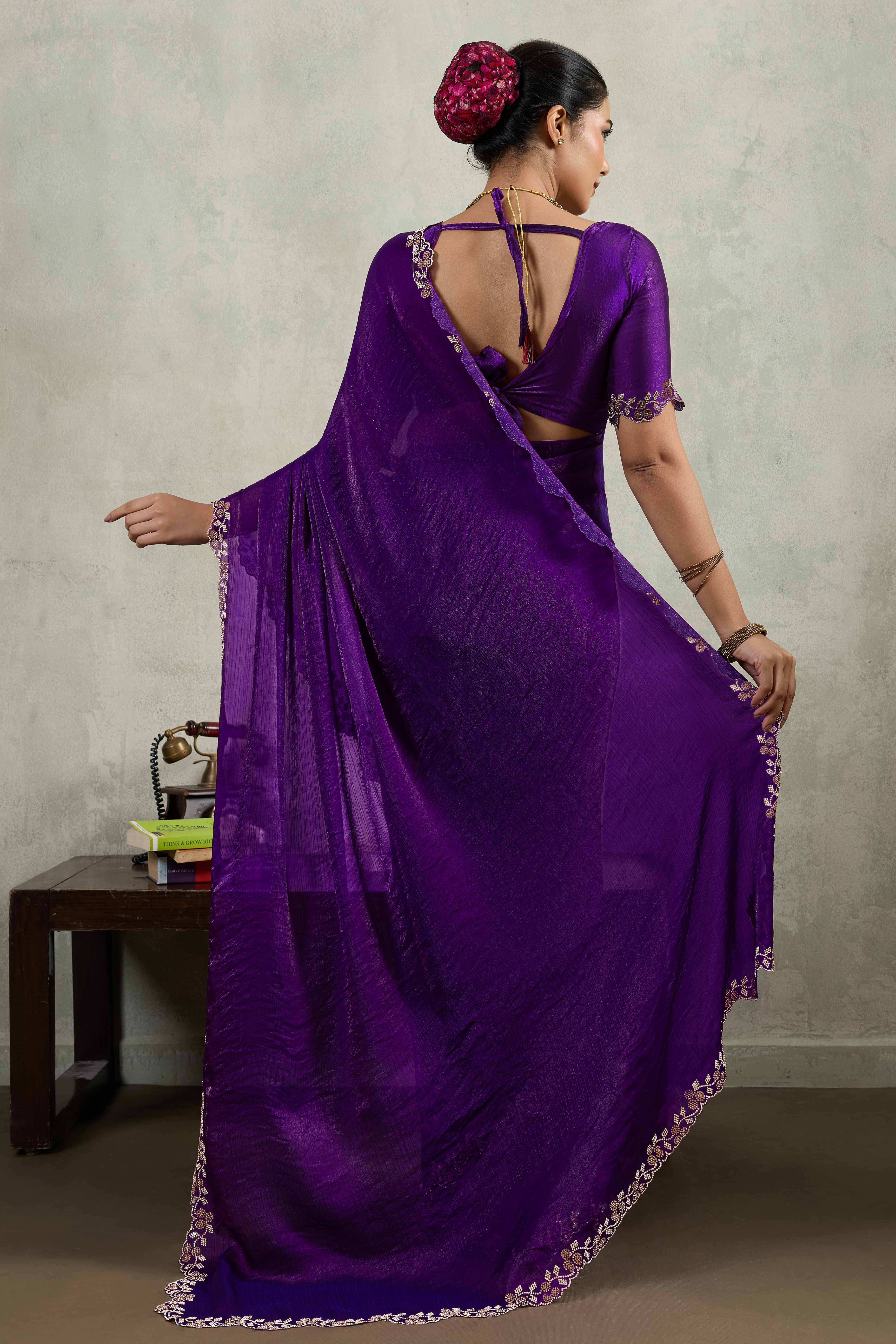 Purple Velvet Chiffon Saree Accented with Sparkling Zarkan Detailing