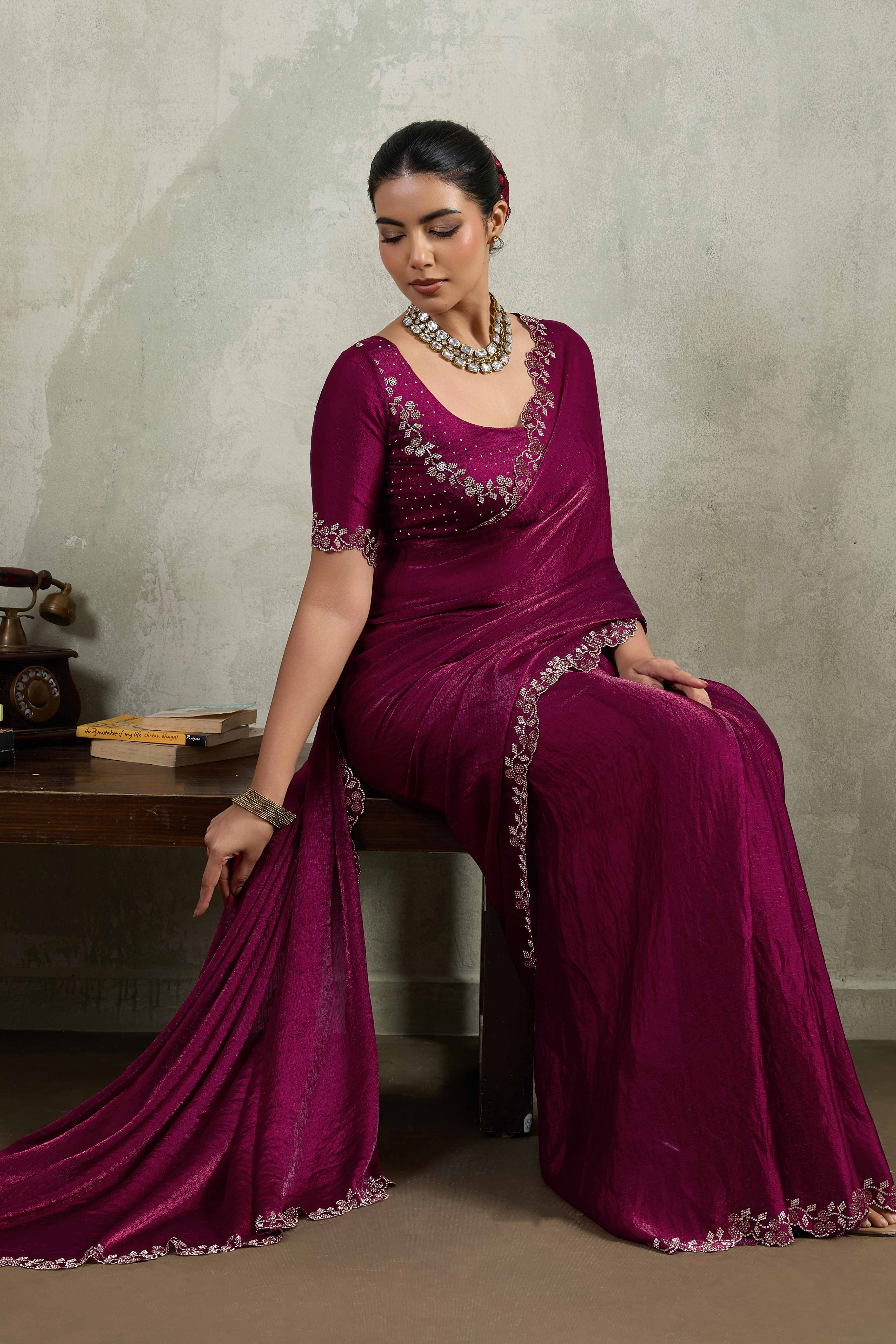 Wine Velvet Chiffon Saree Accented with Sparkling Zarkan Detailing
