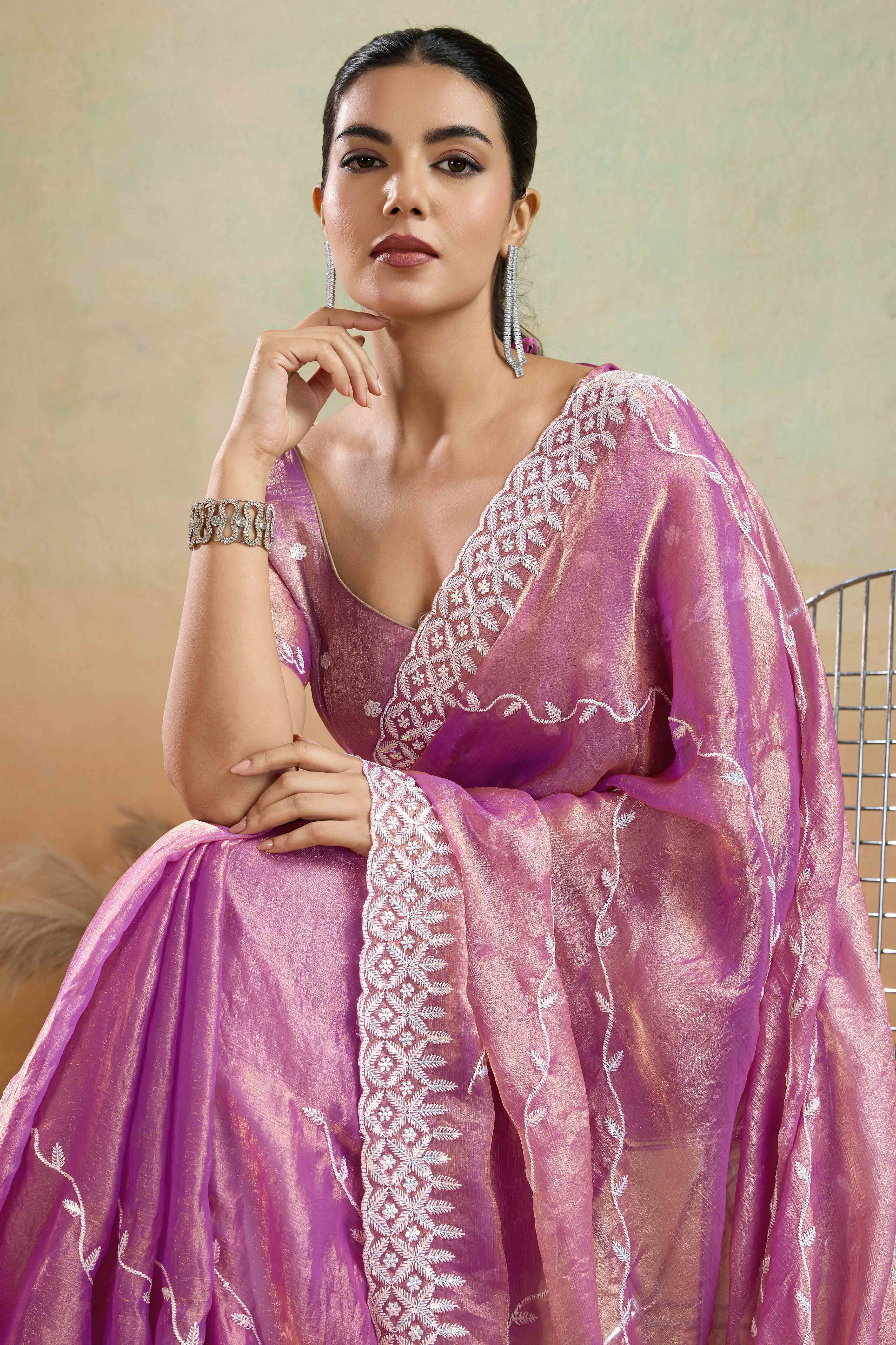 Pink Chiffon Saree with Rich Velvet Accents & Thread Detailing