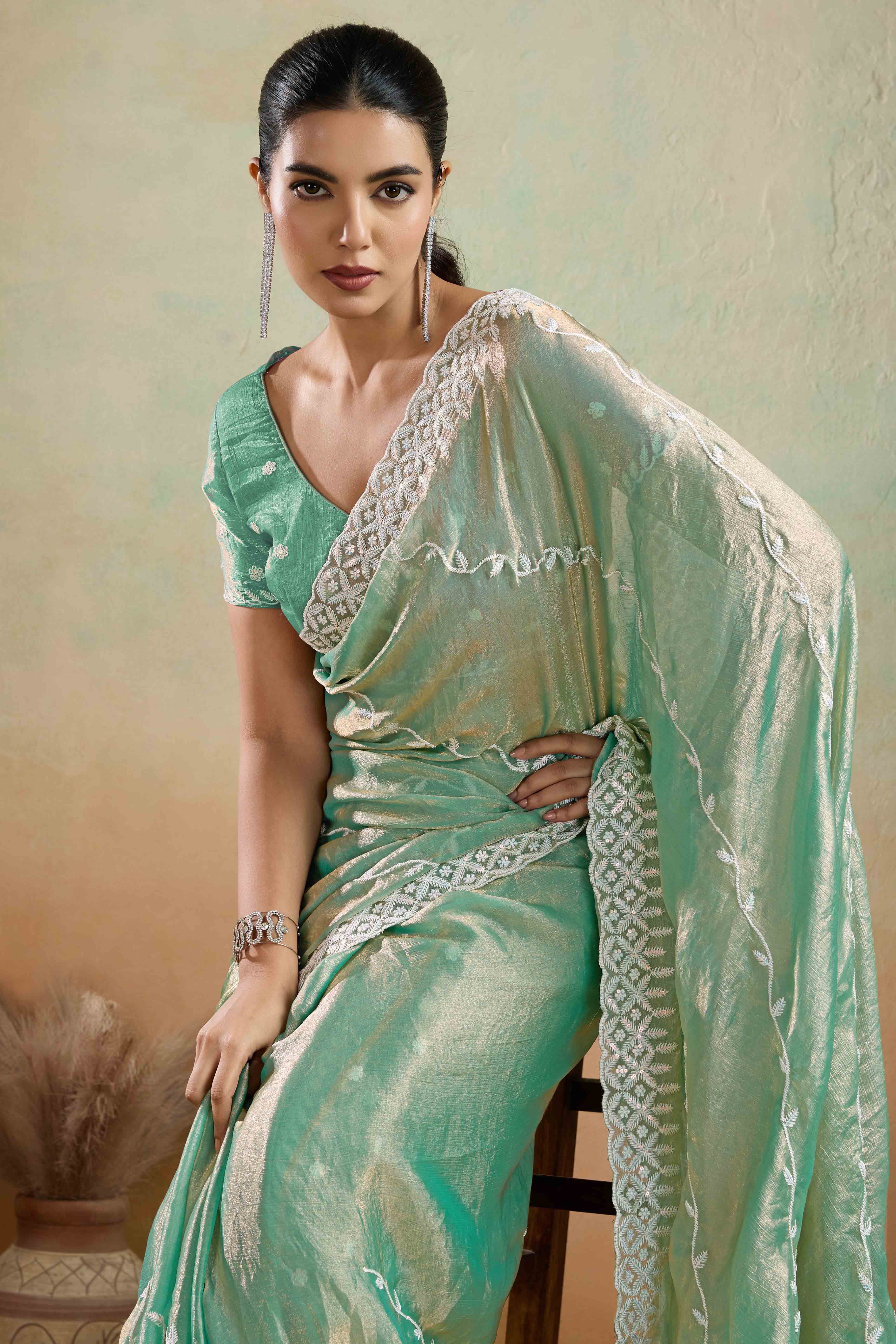 Sea Green Chiffon Saree with Rich Velvet Accents & Thread Detailing