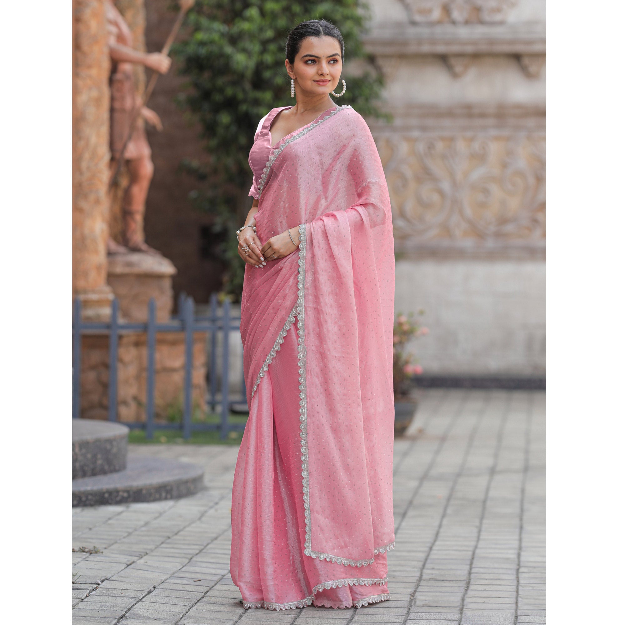 Pink Stonework Tussar Silk Saree