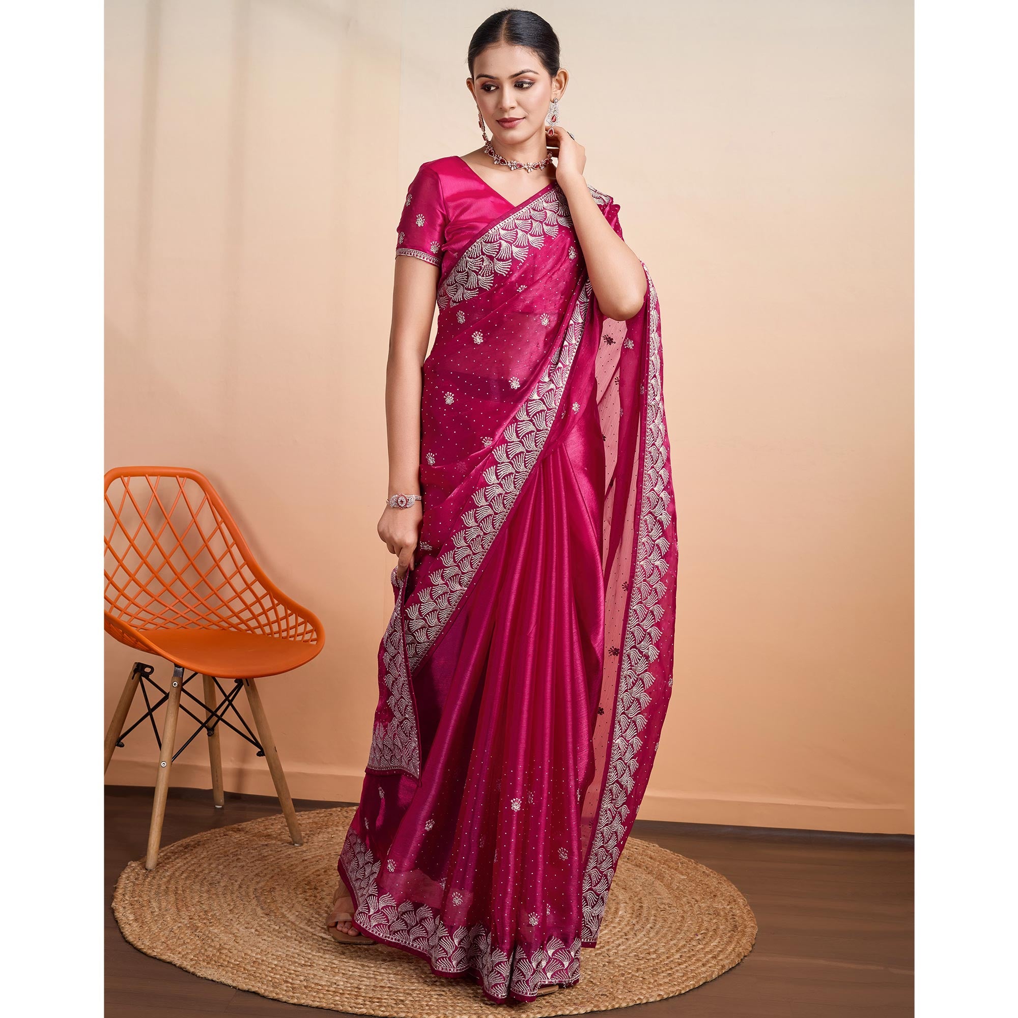 Pink Embroidered Tussar Silk Saree