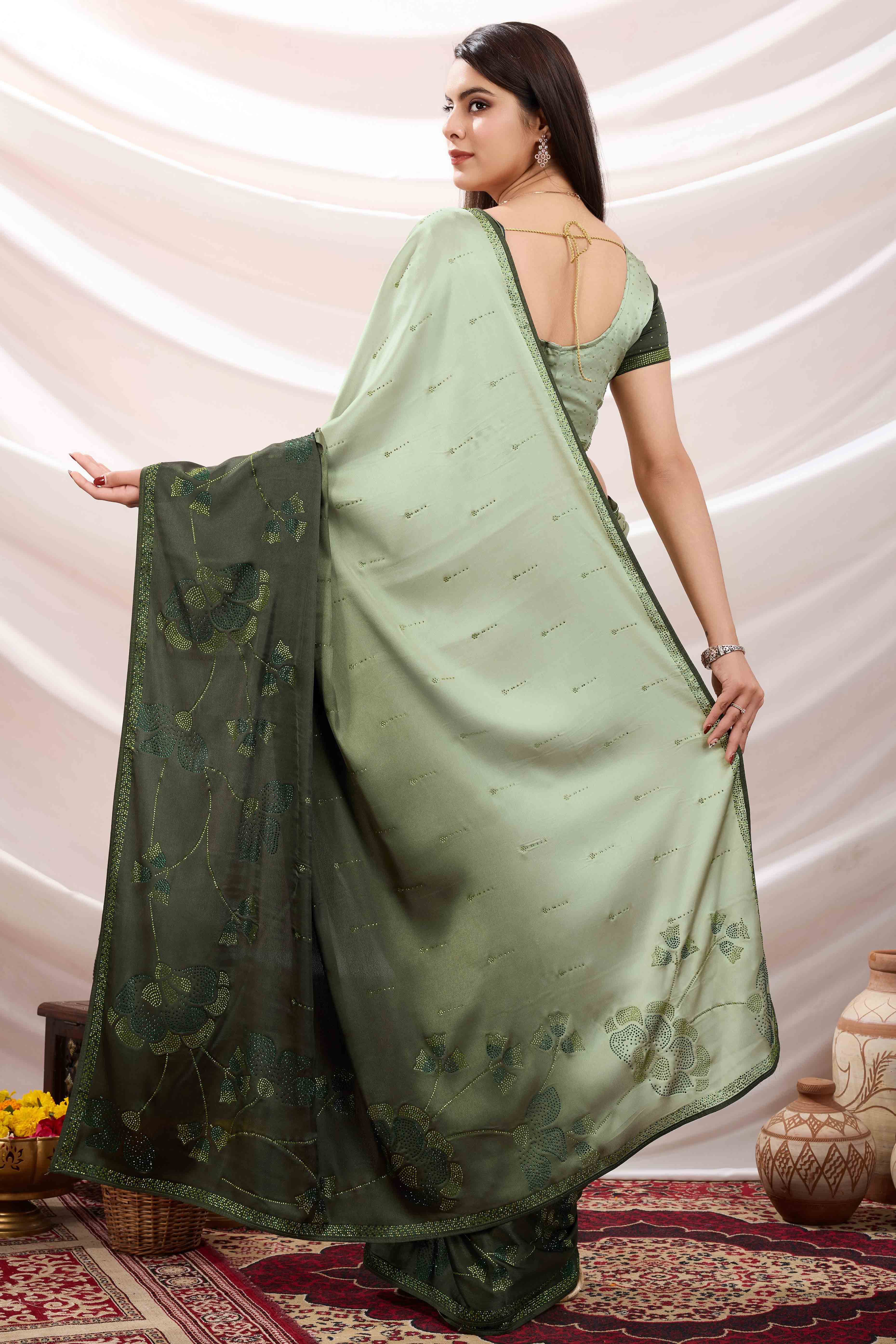 Green Floral Swarovski Work Satin Saree