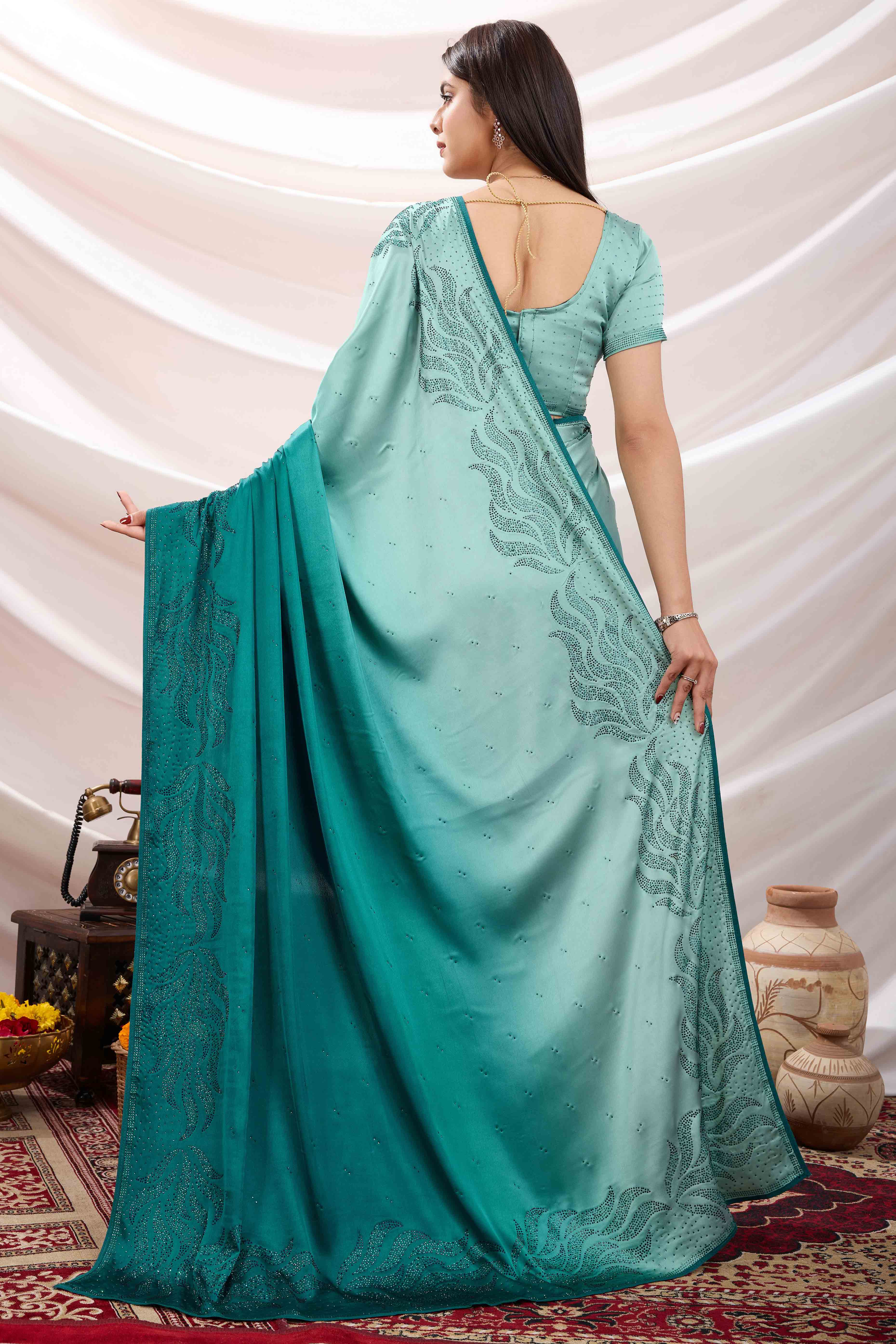 Rama Blue Floral Swarovski Work Satin Saree