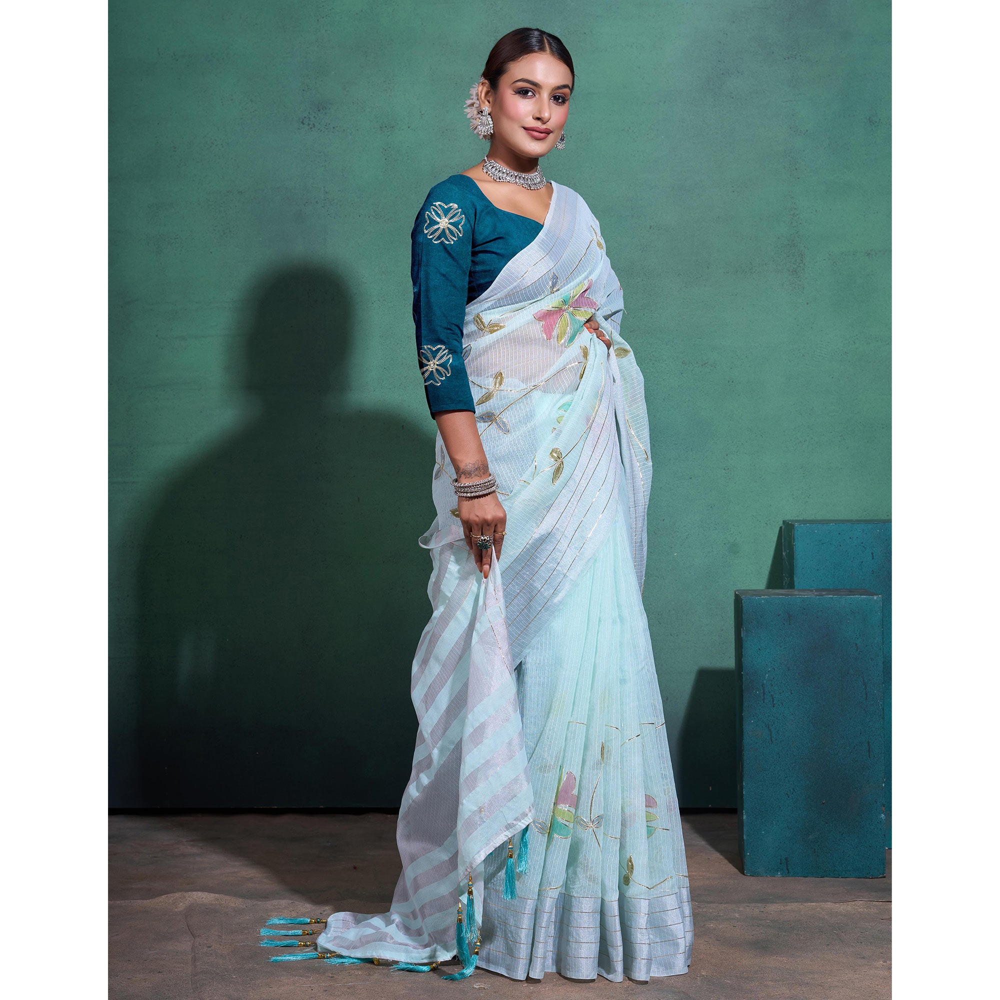 Sea Green Gota patti Embroidered Linen Saree With Tassels